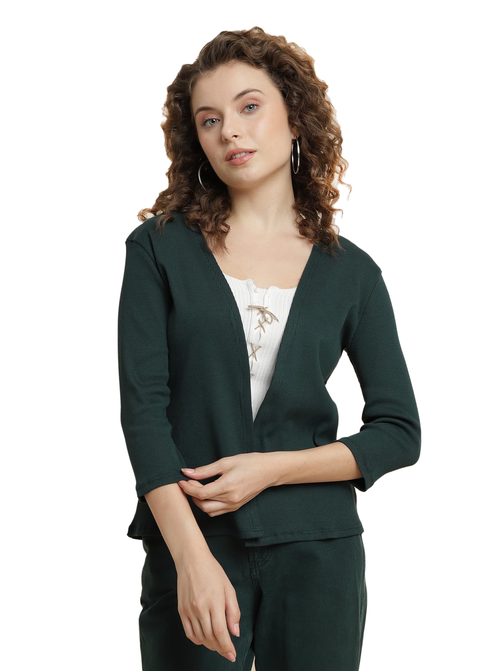 unaone Women Green Cotton Rib Casual Open Front Shrug-picture-27