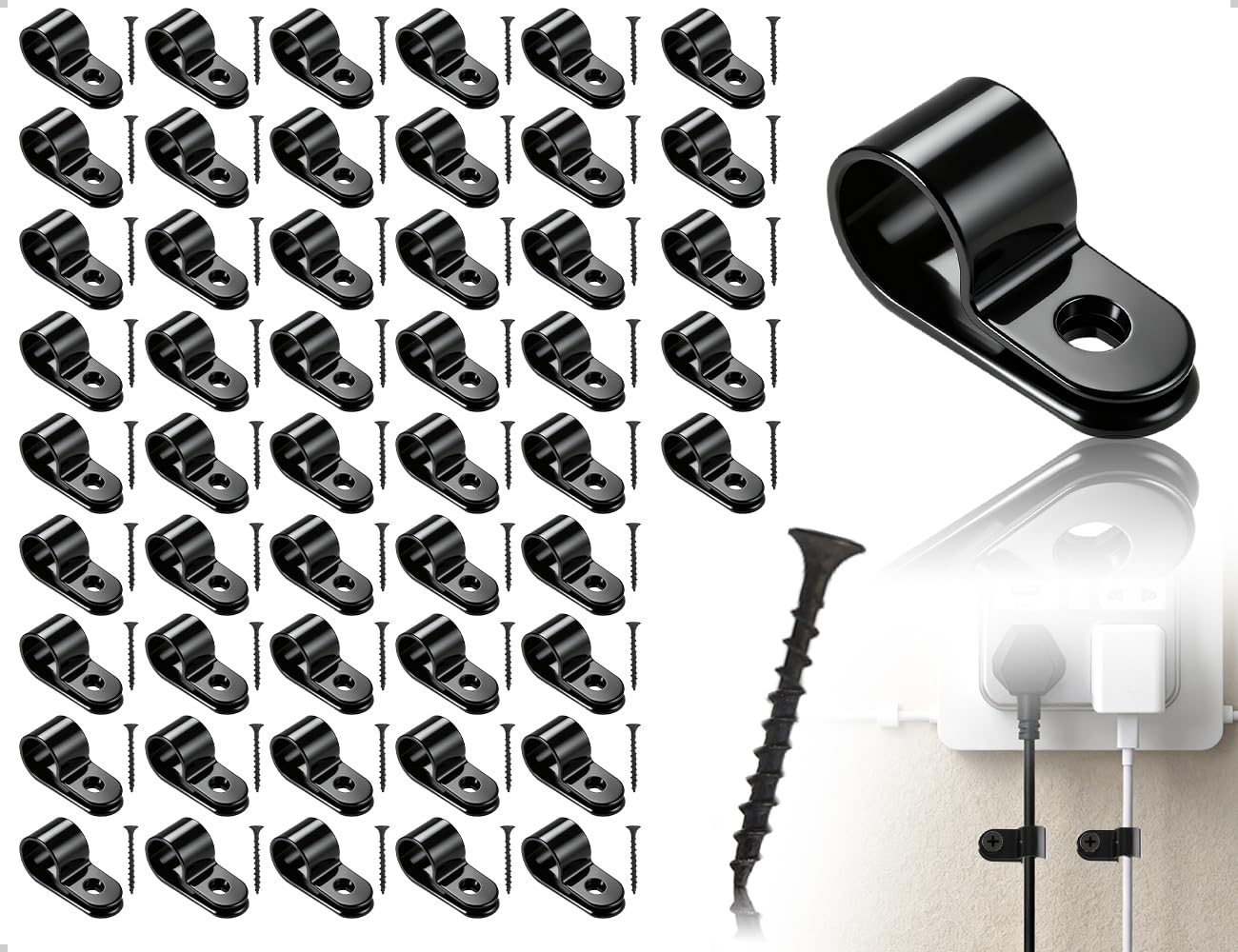 OHYANYAO 50 Stück R Kabelklemmen,Schraubbar Nylon Kabelschellen,R Typ Schlauchschelle mit Schrauben,verwendet für Büro Zuhause Drahtmanagement Schlauch(Schwarze)