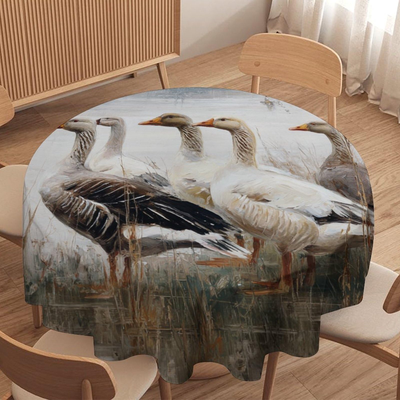 LUYYSKY Beautiful Realistic Wildlife Geese Waterproof Round Tablecloth Vintage Natural Autumn Botanical Plant Reeds Print Washable Table Cover for Kitchen-91.4" Wx91.4 L cm