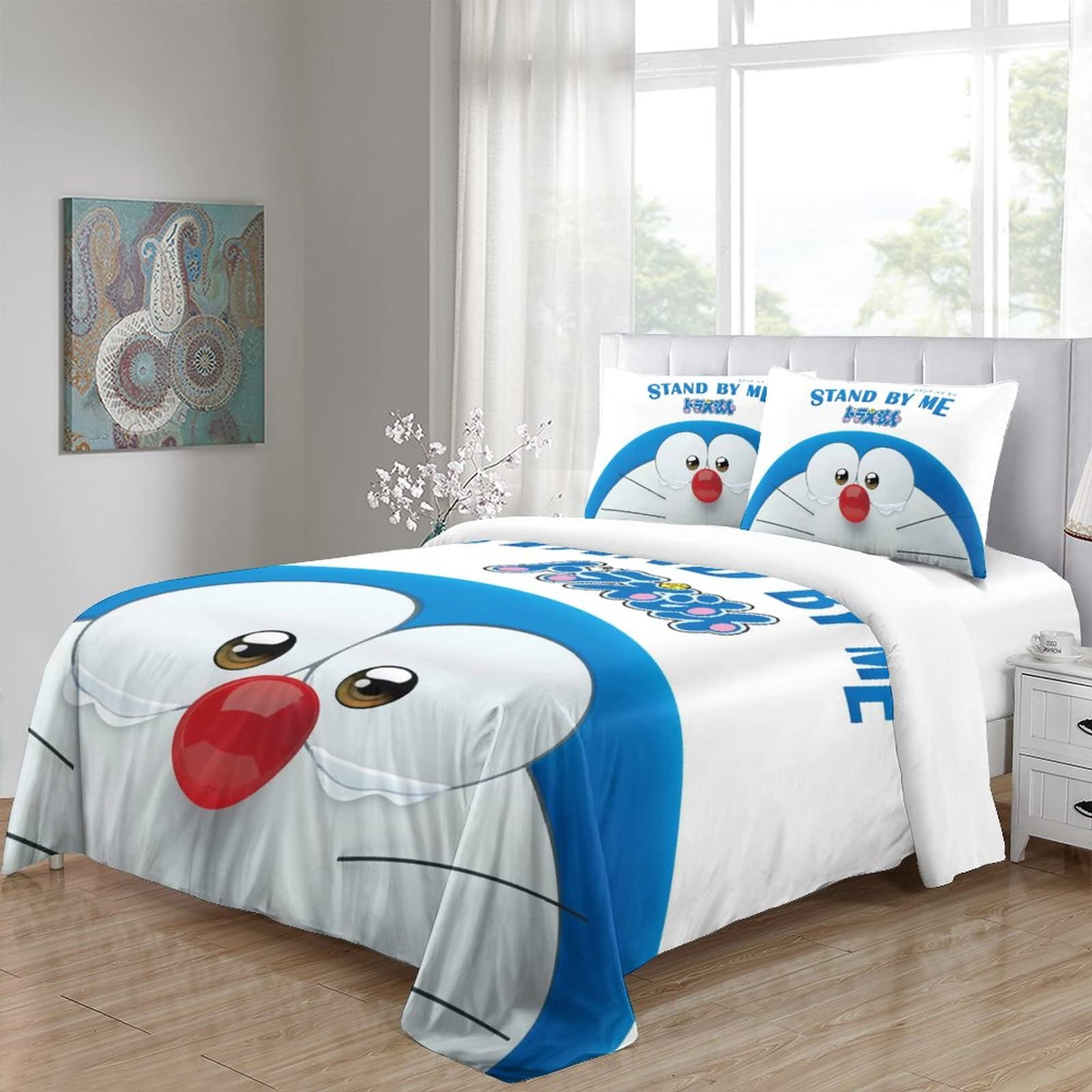 Set Letto Doraemon In Microfibra - Copripiumino 135x200 Cm + Federa 48x75 Cm, Stampa 3D, Morbido, Traspirante