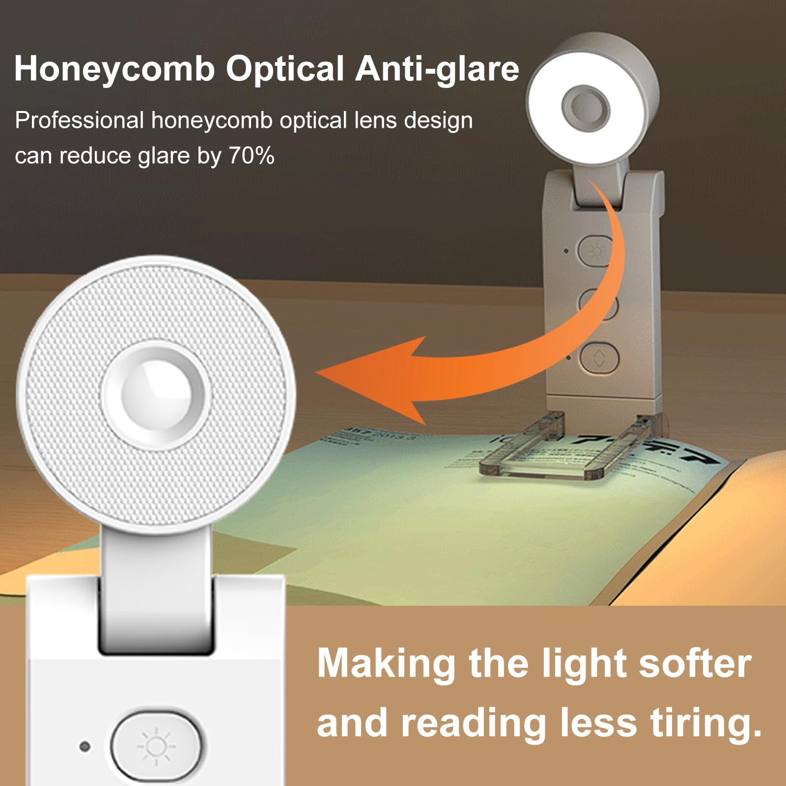PeseTech Honeycomb Optical Soft Book Light for Reading in Bed, USB Rechargeable Book Light, Clip-on LED Bookmark Lamp with 5 Colors & 6 Brightness Dimmable and Timers for Book Lovers, Kids.