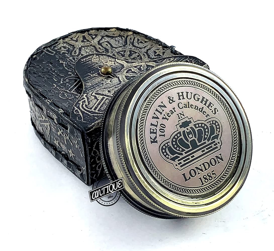 Victorian Brass Kaliedo Scope in Vintage Wooden Box + Kalvin Hughes Antique Brass Compass in Leather Case