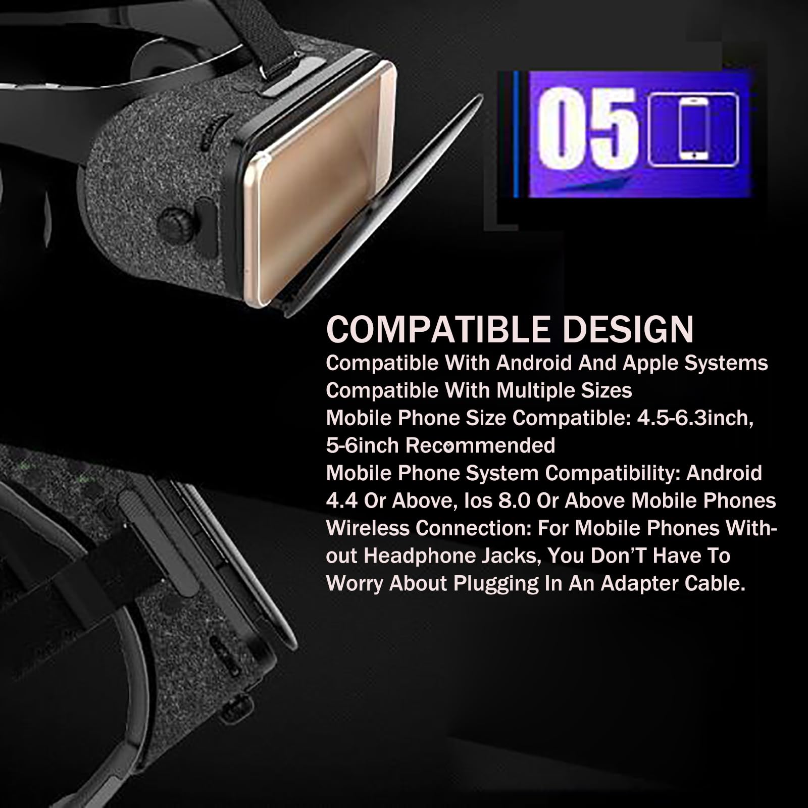 Occhiali VR (Distanza Interpupillare Regolabile), Visore per Realtà Virtuale, Telefono Compatibile da 4,5-6,3 Pollici, FOV120°+Facile da Indossare, per Film, TV E Videogiochi,Black
