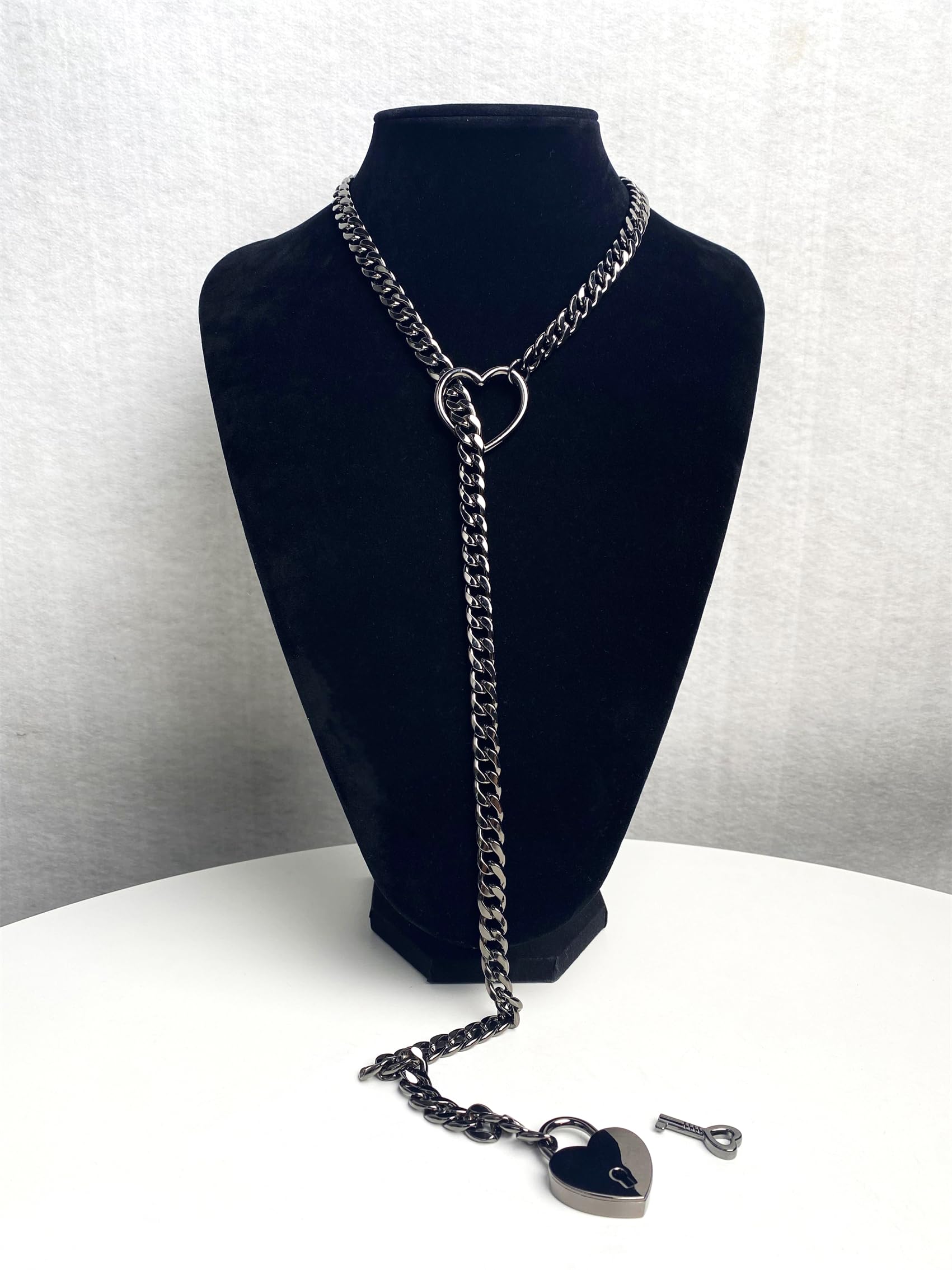 Collar de cadena deslizante para mujer, anillo tórico de corazón, collar largo cubano punk rock para mujer, collar en Y ajustable con llave, Zinc, No es una piedra preciosa 3