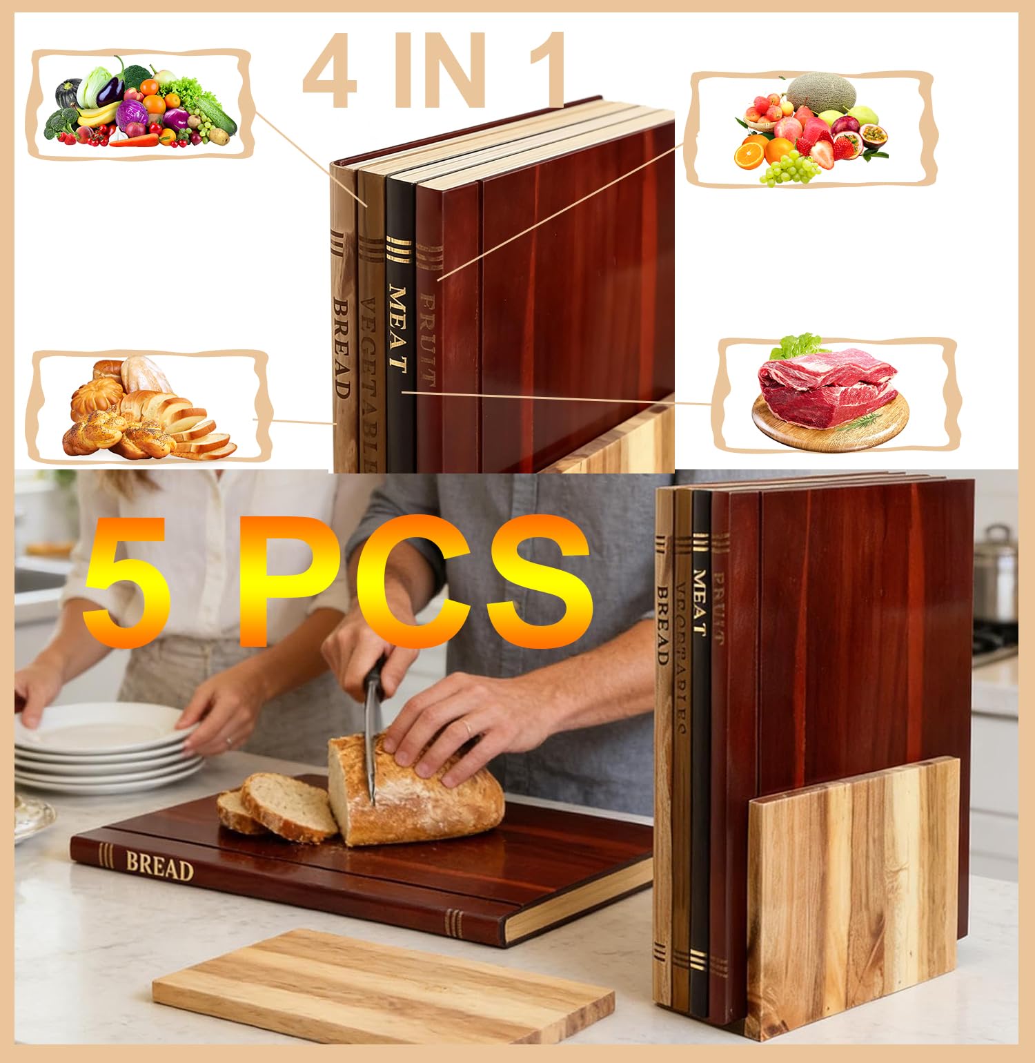 Schneidebrett Bibliothek Buchschneidebrett 4 Stück Schneidebrett Holz Set Mit Ständer, Book Shaped Cutting Board, Cutting Boards That Look Like Books Für Kochen Koch Obst Fleisch (5)