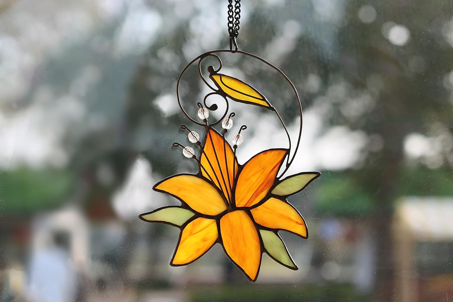 Orange Tiger Lily Flower Gift for Her Women, Love Gift Stained Glass Window Hanging Floral Suncatcher for Mother's Day Birthday, Valentine Day Gifts for Women Girlfriend