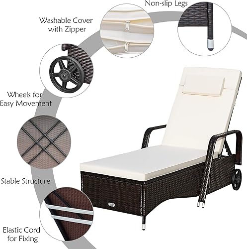 Miniatura 7 de HAPPYGRILL Tumbona reclinable de mimbre de ratán para patio, con cojín y ruedas para balcón, jardín, piscina