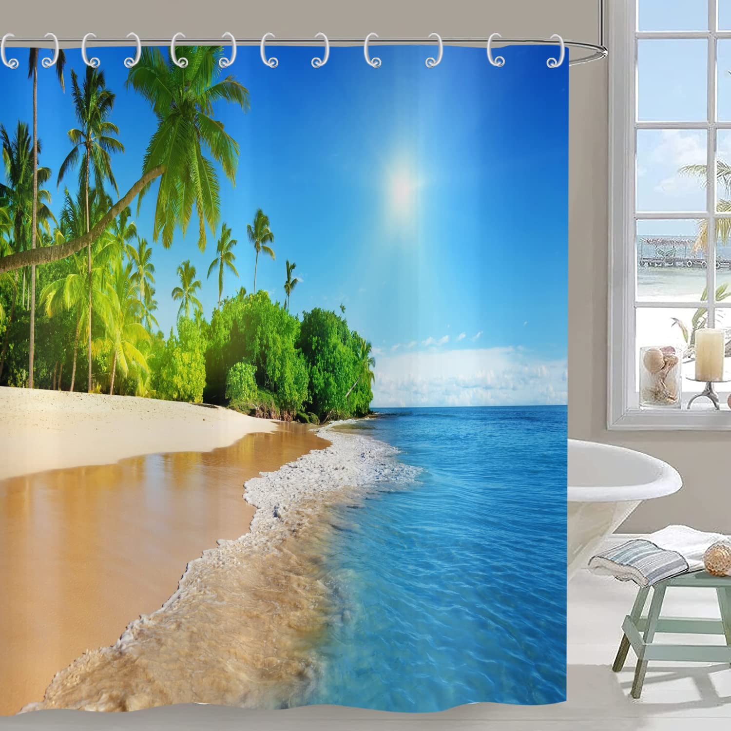 Hnmdmyi Ocean Beach Shower Curtain 180x240, Tropical Palm Trees Seaside Island Blue Sky Hawaiian Landscape Bathroom Curtains with Hooks Waterproof Polyester Fabric Washable Bath Curtains for Wet Room