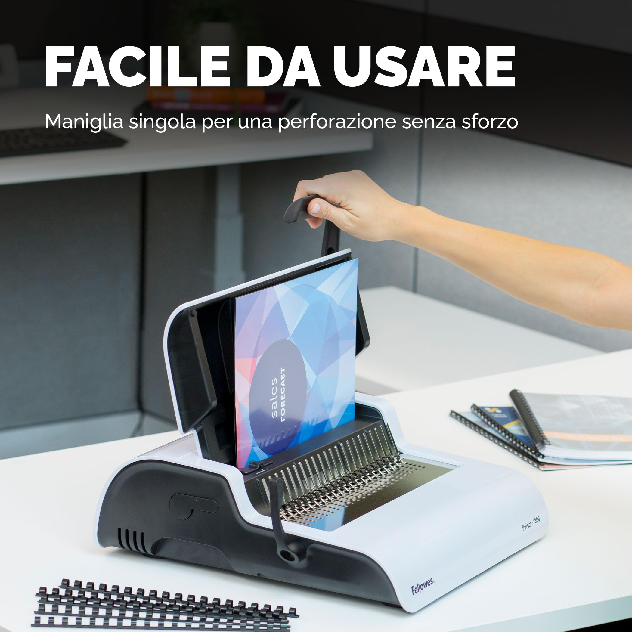 Fellowes Pulsar+ Rilegatrice manuale – Perfora 20 fogli A4 – Rilega 300 fogli – Include 10 copertine trasparenti – Ideale per casa e piccolo ufficio