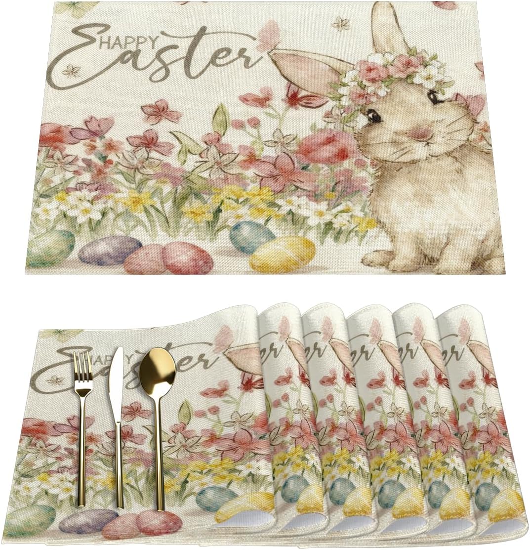 Happy Easter Bunny Placemats Set of 6 Linen Place Mat Washable Non-Slip Table Mats Holiday Tables Decor for Home Kitchen Dining Party, 12 x 18in