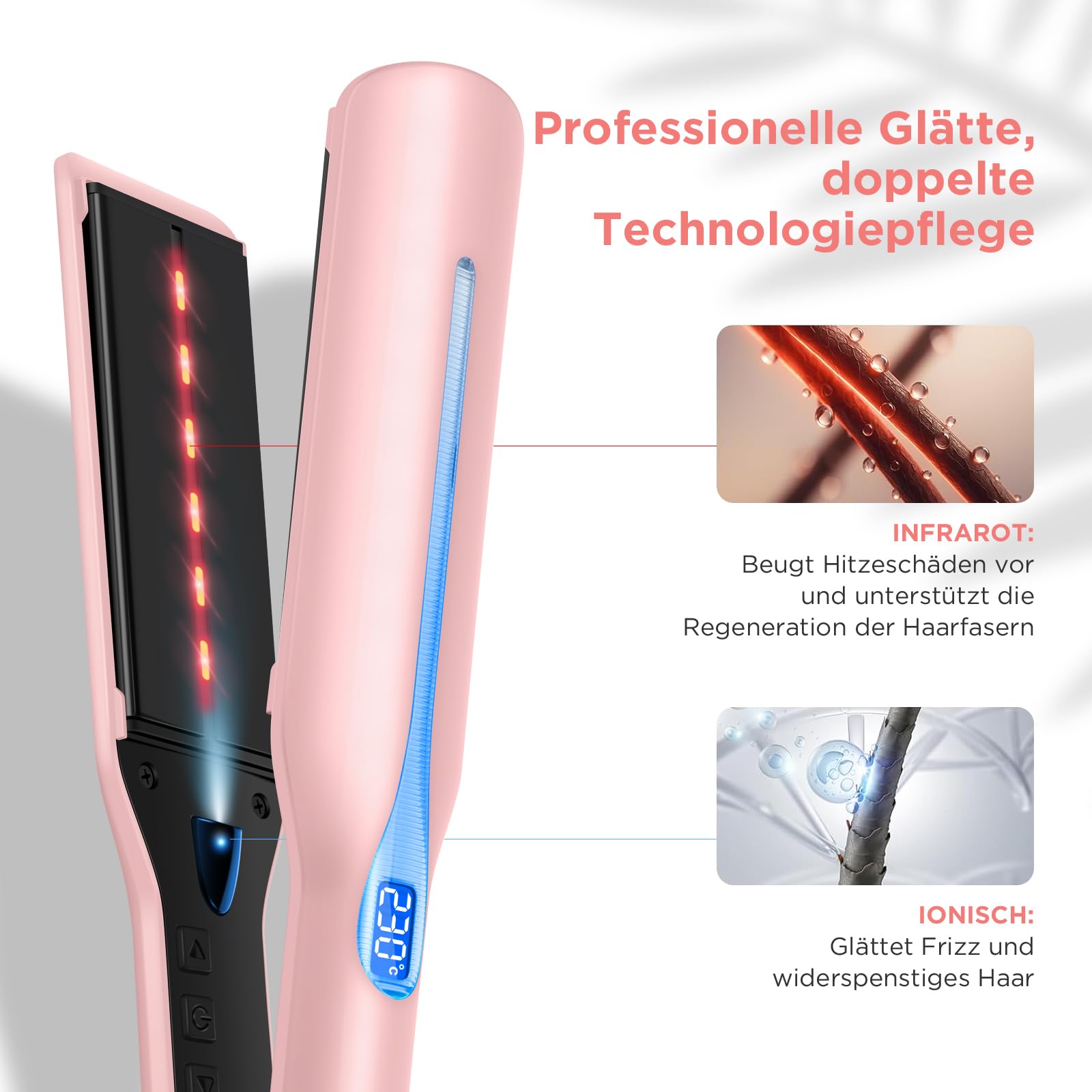 Plancha pelo infrarroja iónica 45 mm PARWIN PRO BEAUTY, placas anchas para cabello grueso, rizado, encrespado y largo, 14 temperaturas, color morado | PARWIN PRO BEAUTY - Plancha profesional para pelo grueso, rizado, rizado y largo, terapia infrarroja e i
