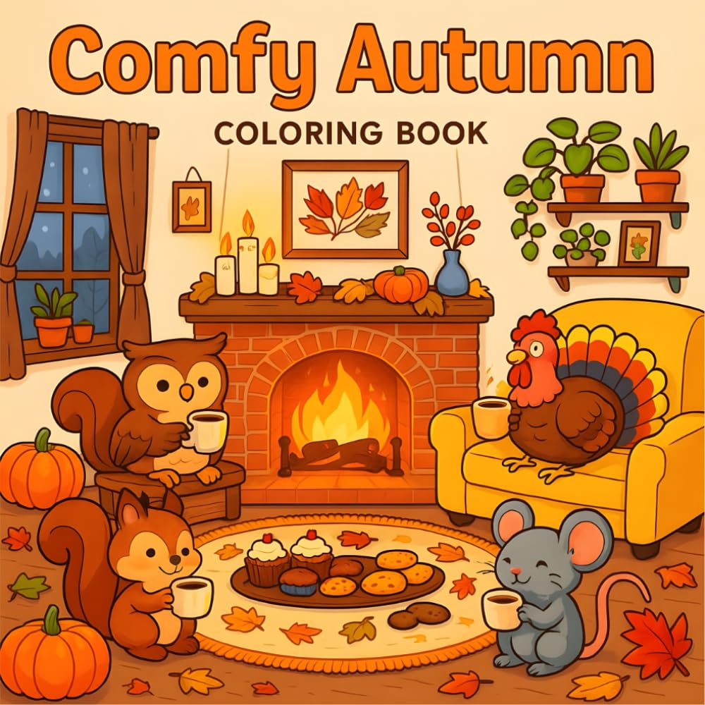 COMFY AUTUMN: Hygge Cute and Cozy Autumn Coloring Book with Animals, Pumpkins, Leaves, and Relaxing Fall Scenes.