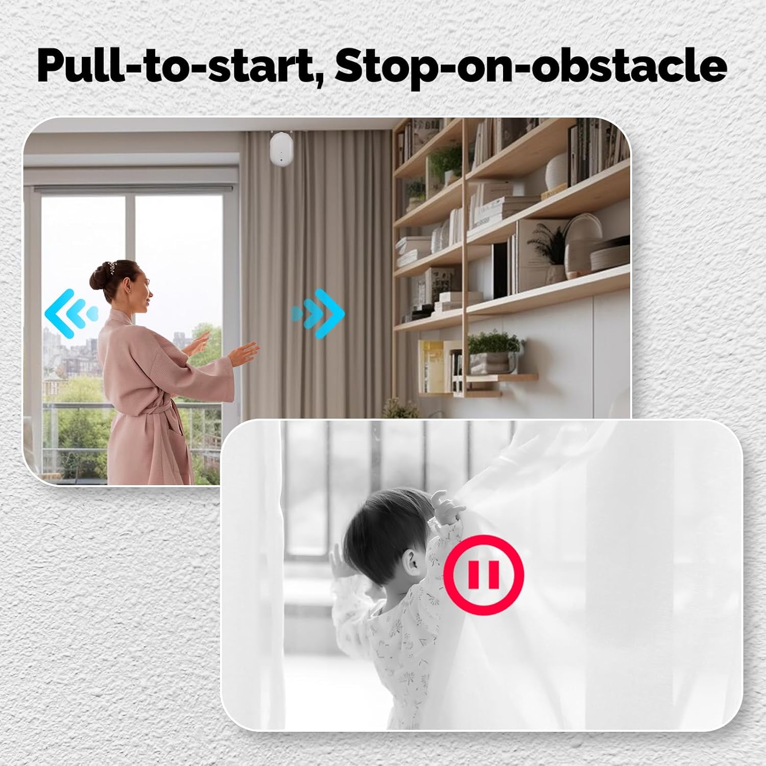 Image demonstrating the pull-to-start function and the stop-on-obstacle safety feature, showing a child blocking the curtain.