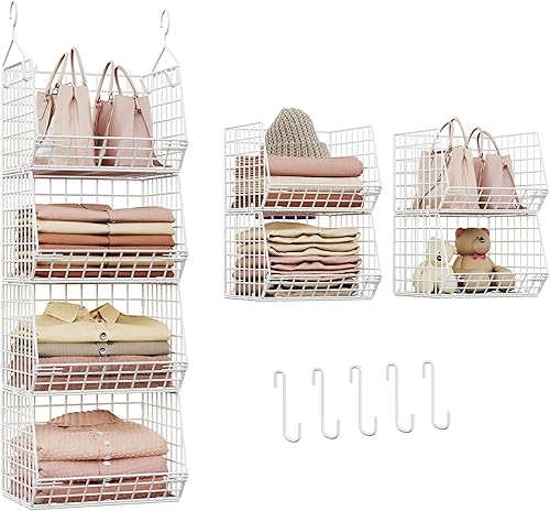 Miniatura 1 de X-cosrack Organizador colgante de armario de 4 niveles, estantería plegable con 2 ganchos para colgar, 5 ganchos en S, cesta de almacenamiento de