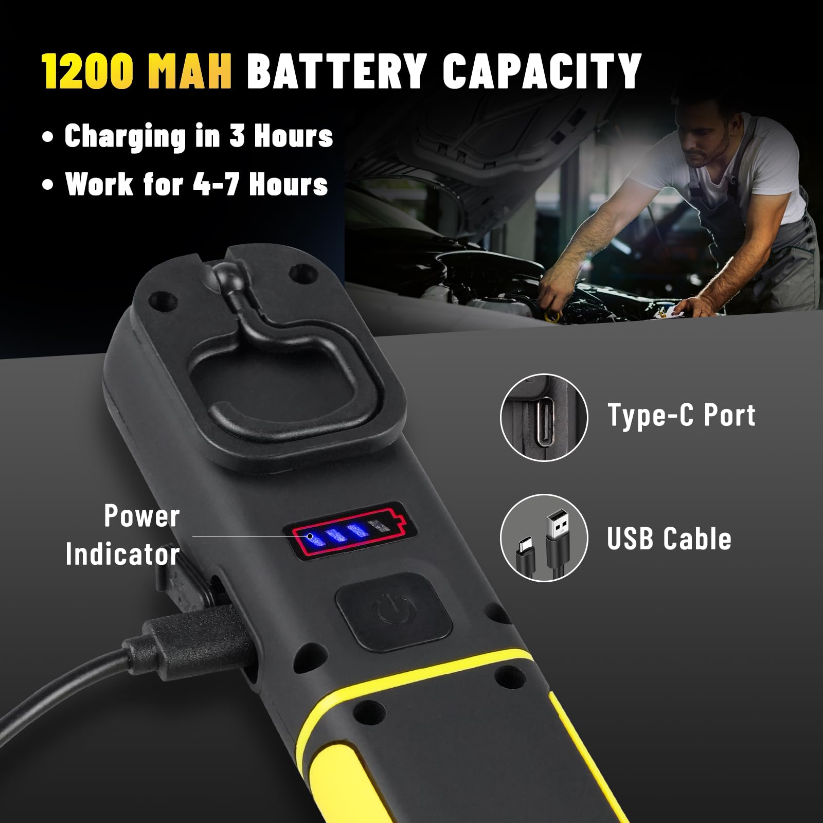 Linterna LED Recargable, 3 Modos Linterna de Trabajo con Base Magnética y Gancho, Giratoria de 360 Lámpara de Taller para Garaje, Camping, Emergencia (2 Piezas)