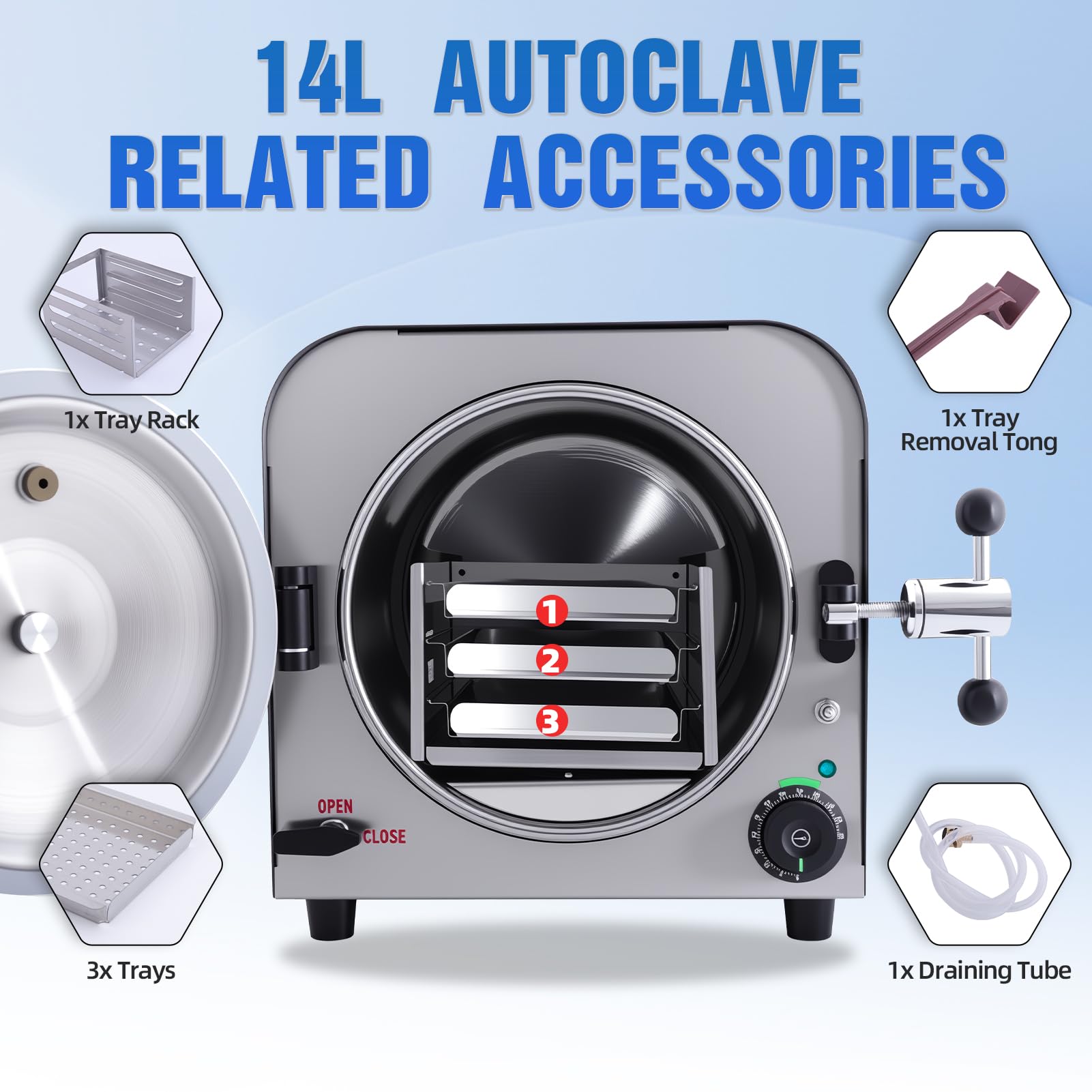 Esterilizador de vapor de autoclave de 14 litros, equipo de esterilización de laboratorio, autoclave de vapor de alta presión 900 W con manguera de drenaje y 3 bandejas