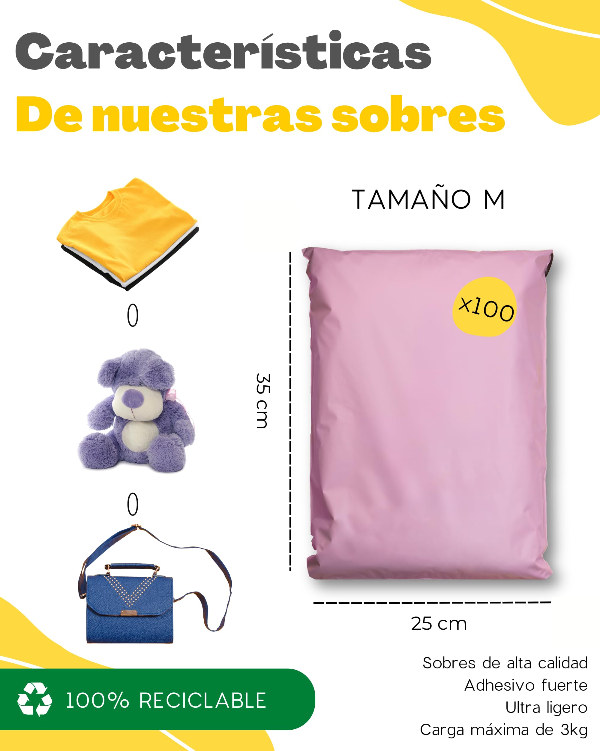 100 sobres para envíos de ropa - Tamaño M - 25x35cm - 100% OPACO/ULTRA-RESISTENTE/IMPERMEABLE - Sobres Plastico - Bolsas de Envio Paquetes - Cajas Envios Paquetes