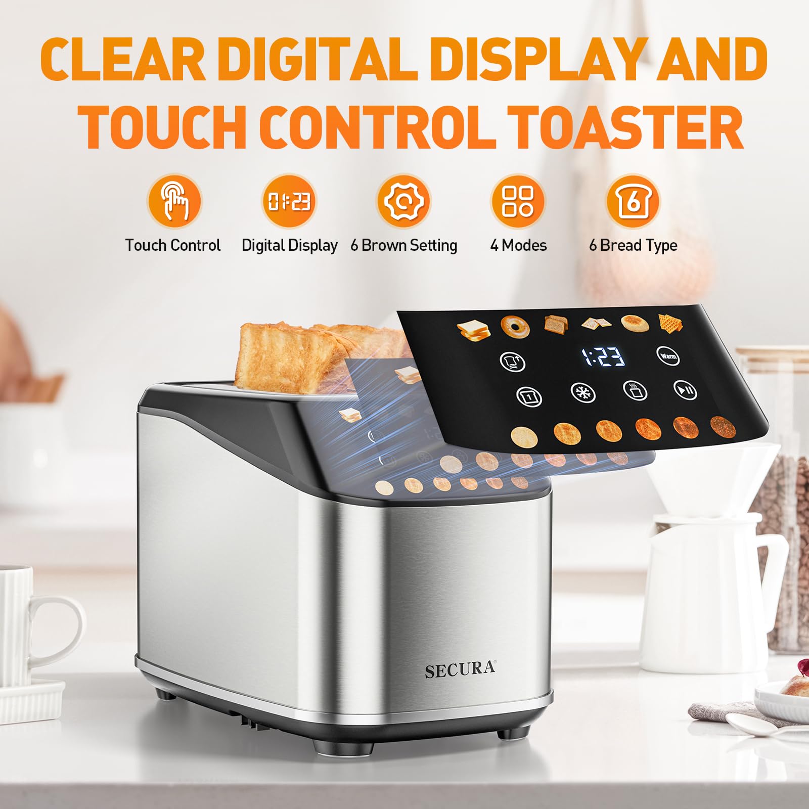 Secura 2 Slice Toaster, Fully Automatic Digital Stainless Steel Toaster with Countdown Timer & Keep Warm Function, 6 Browning Levels, Bagel/Defrost/Reheat/Single-Slice Modes, Removable Crumb Tray