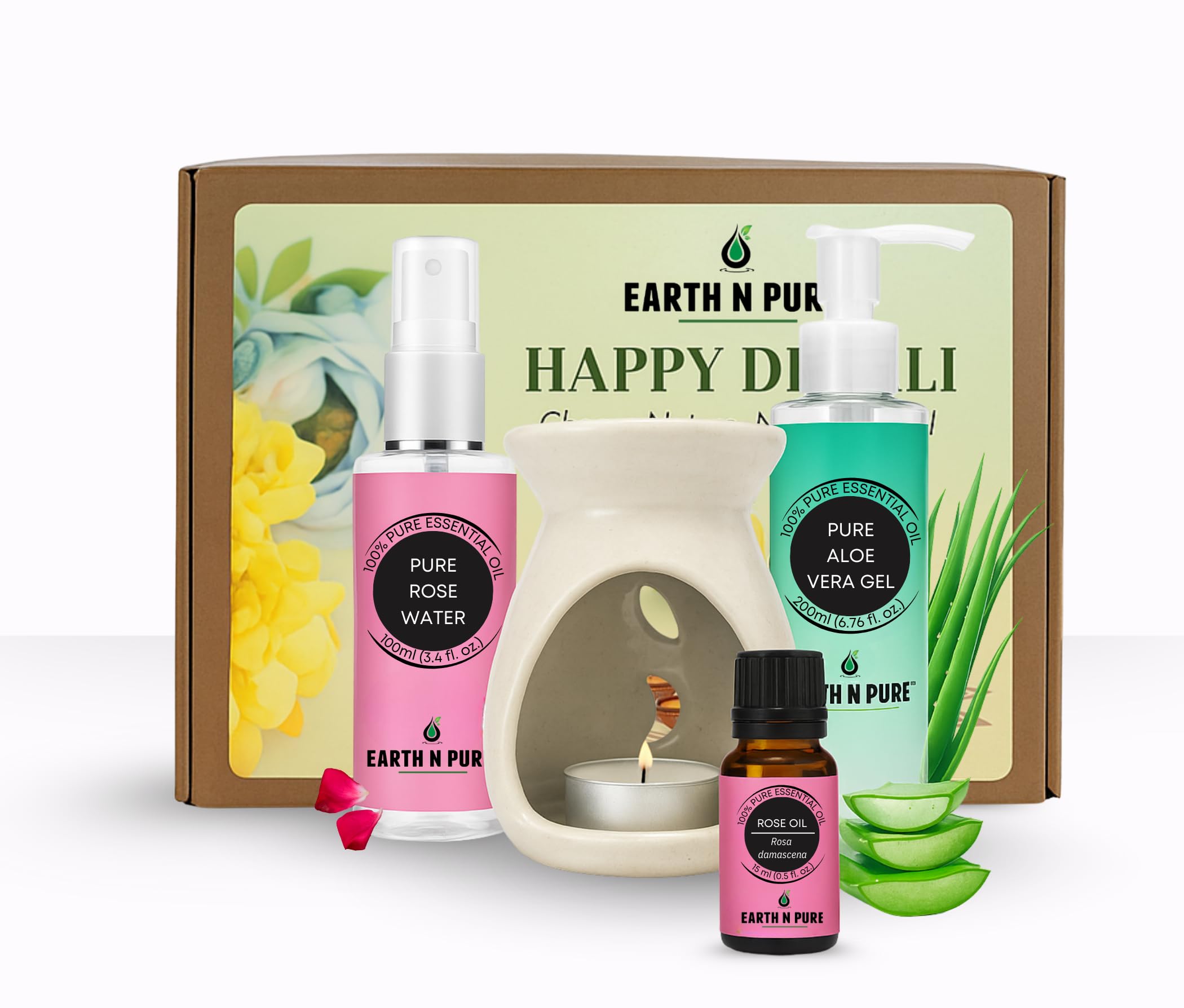 Earth N Pure Festive Wellness Gift Set, Rose Essential Oil with Ceramic Diffuser, Two tea Light candles Rosewater and Aloe Vera Gel, Natural Skincare Collection, 315ml-image-2