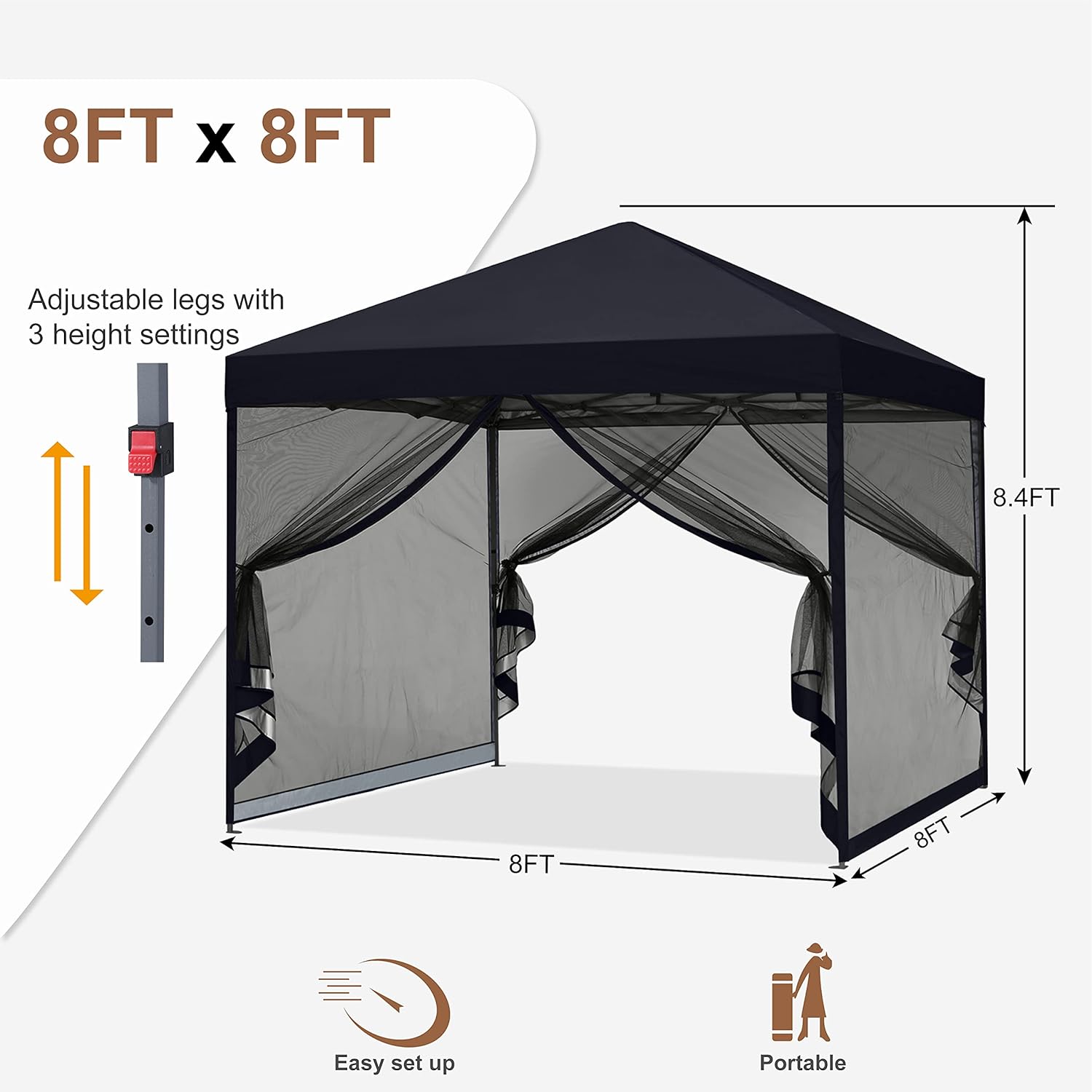 MASTERCANOPY Pop-Up Setup Outdoor Canopy with Netting Screen Walls (8x8, Black)