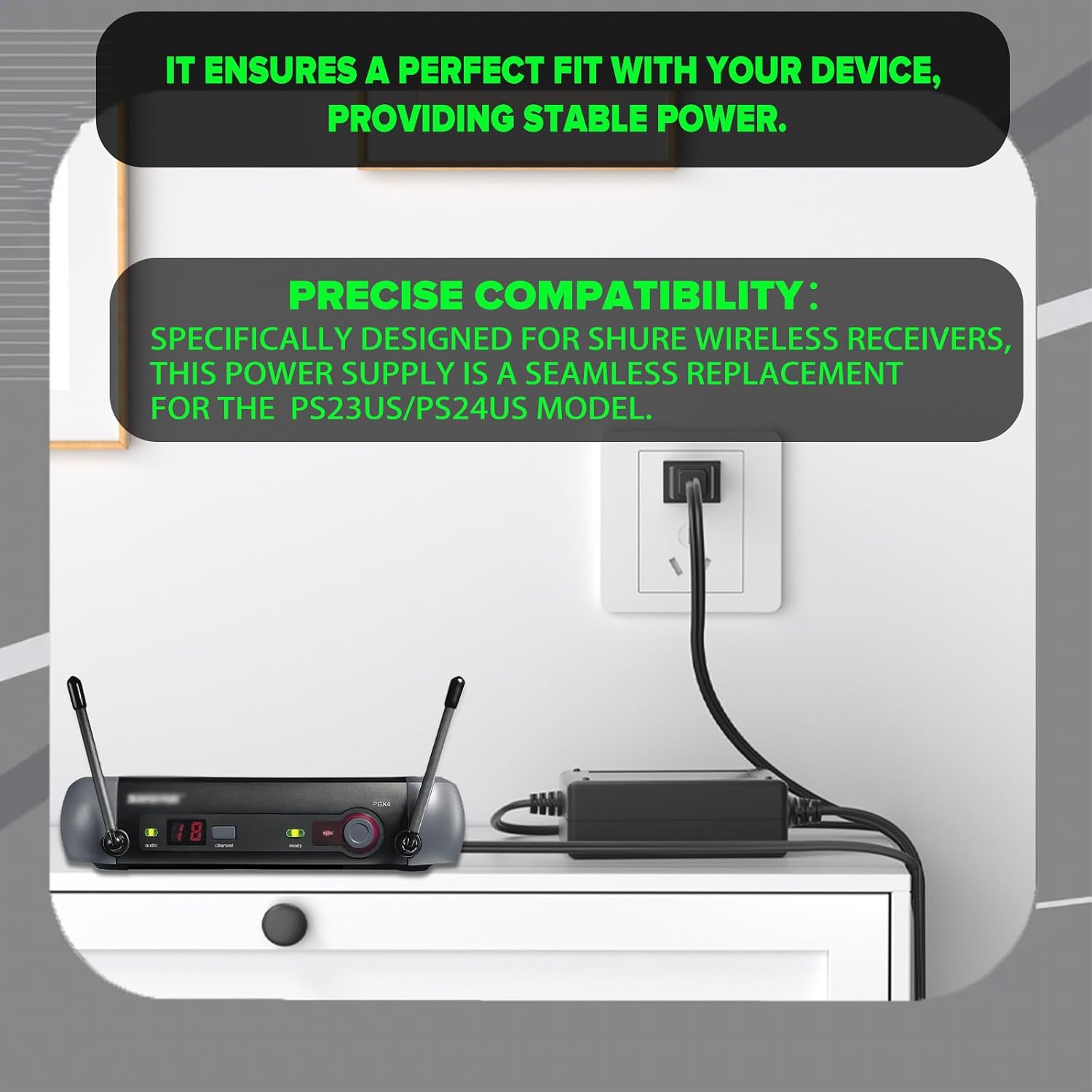 12V Power Supply Replacement (PS24US / PS23US) Compatible with Shure BLX4, BLX88, BLX4R, FP33, GLXD6, P2T, PG4, PGX4, PGXD4, SLX4, SLX4L and UABiasT Wireless Receiver System