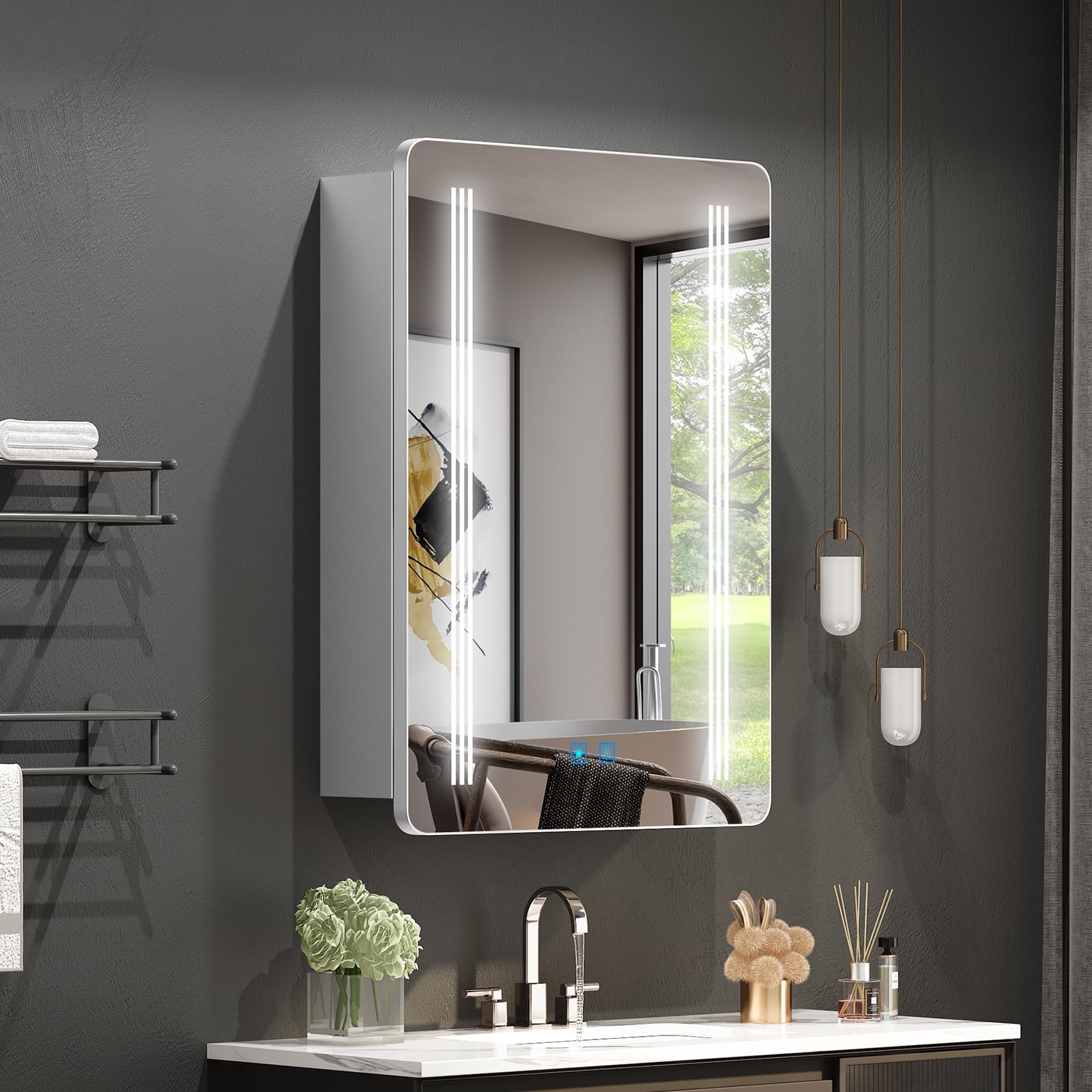 Bathroom Mirror Cabinets with Lights and Shaver Socket 500 x 700 mm, Wall Mounted Mirrored Bathroom Medicine Cabinet with 3 Colour LEDs, Demister Pad, Dimmer Switch, Glass Shelves, IP44