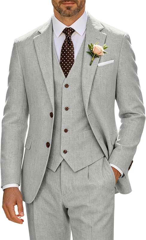 Retro Linen Suit for Men 3 Pieces Wedding Blazer Vest Pant
