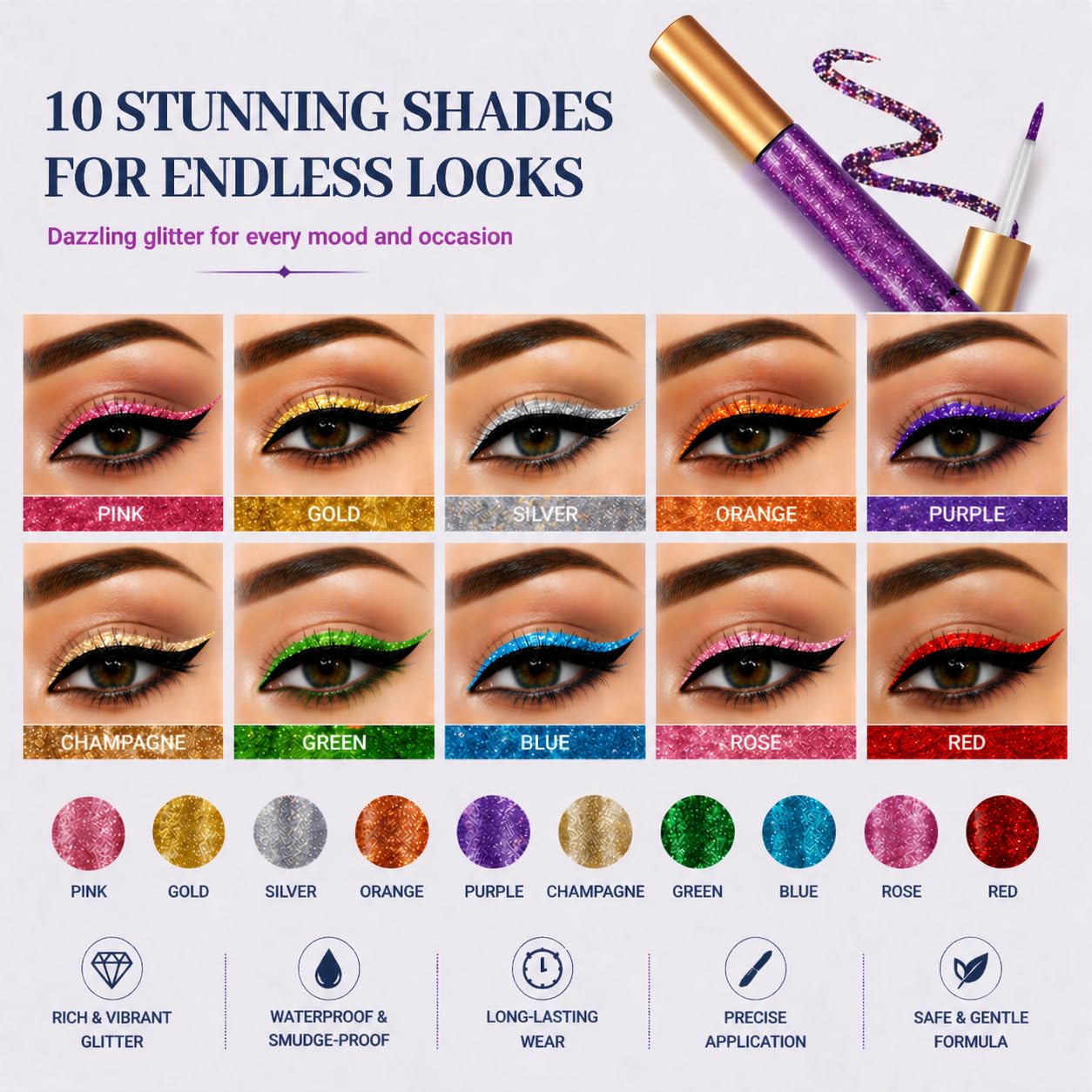 BestLand 10 colori Liquid Glitter Eyeliner Set Metallico Shimmer Glitter Ombretto Pigmento Sopracciglio Shimmer Arancione Oro Verde Impermeabile Colorato Eye Liner