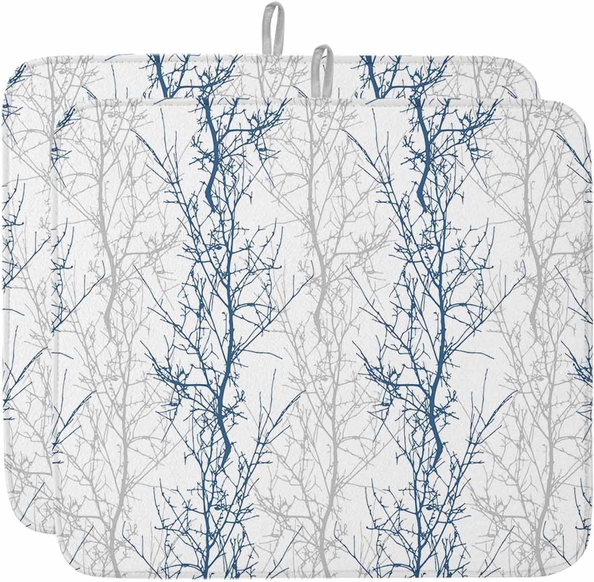 Blue Grey Minimalist Tree Dish Drying Mats for Kitchen Counter Set of 2, Vintage Branch Gradient Absorbent Dish Drainer/Rack Mat,Hangding Quick Drying kitchen Mat,18x24inch Machine Washable