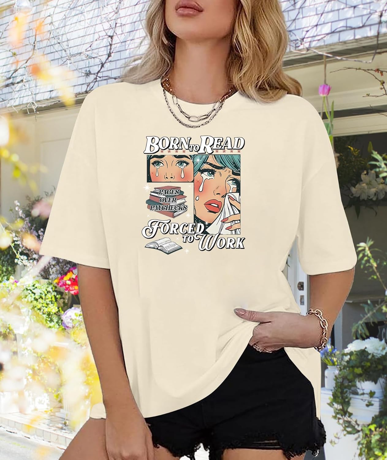 Book Shirts for Women Oversized Born to Read Vintage Bookish Shirt Funny Teacher Tees Book Lover Short Sleeve Tops - Image 5