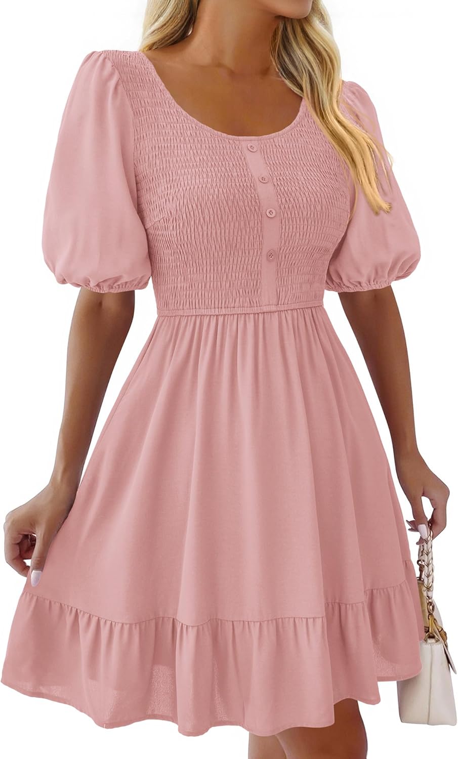 BTFBM Spring Empire Waist Dress for Women 2025 Summer Smocked Crewneck Puff Short Sleeve Beach Vacation Mini Dresses