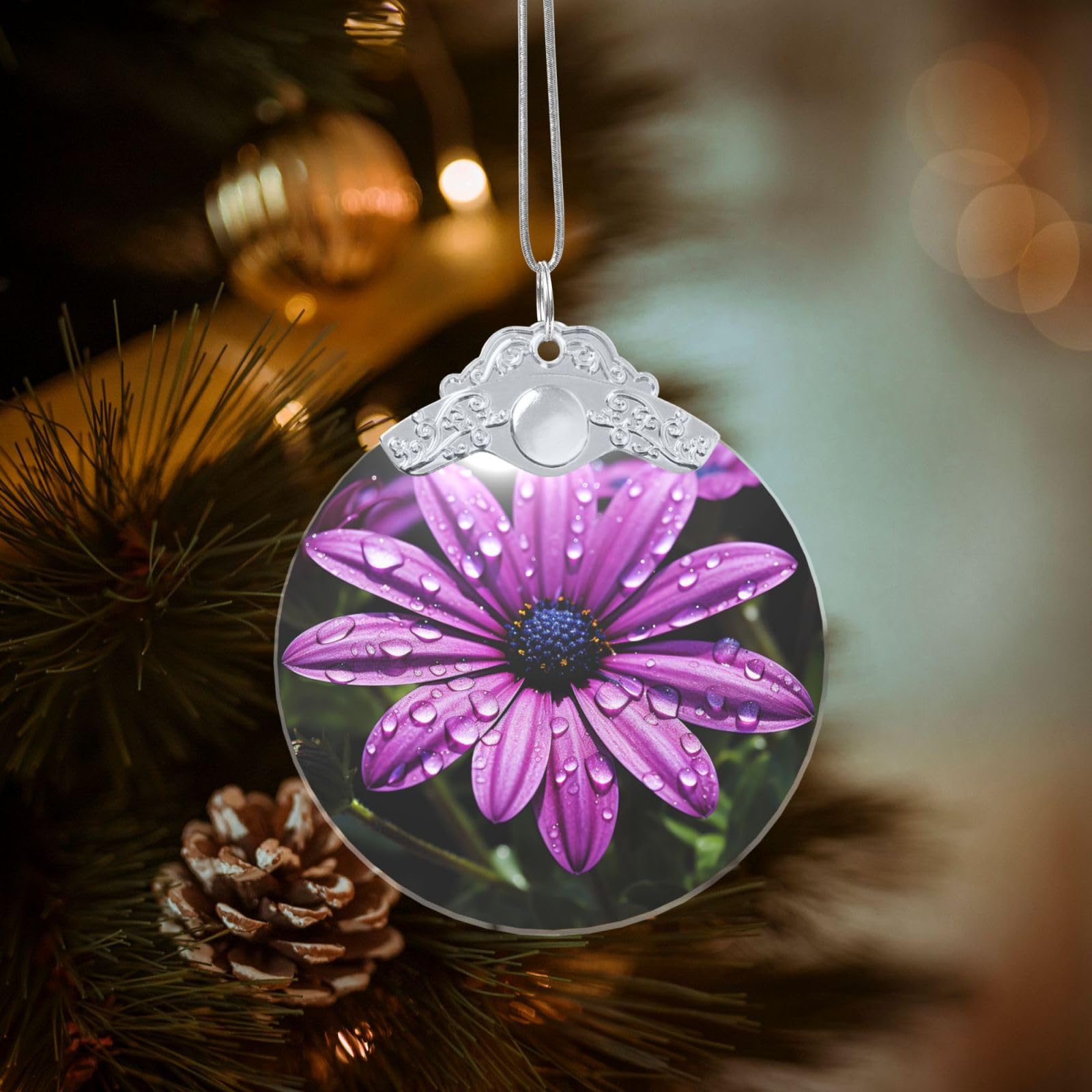 Crystal Christmas Ornaments for Christmas Tree Decoration Hanging Purple Daisy Ornament with Gold Ribbon Crafts Round Pendant for Keepsake Gifts Glass Xmas Decor Party Supplies