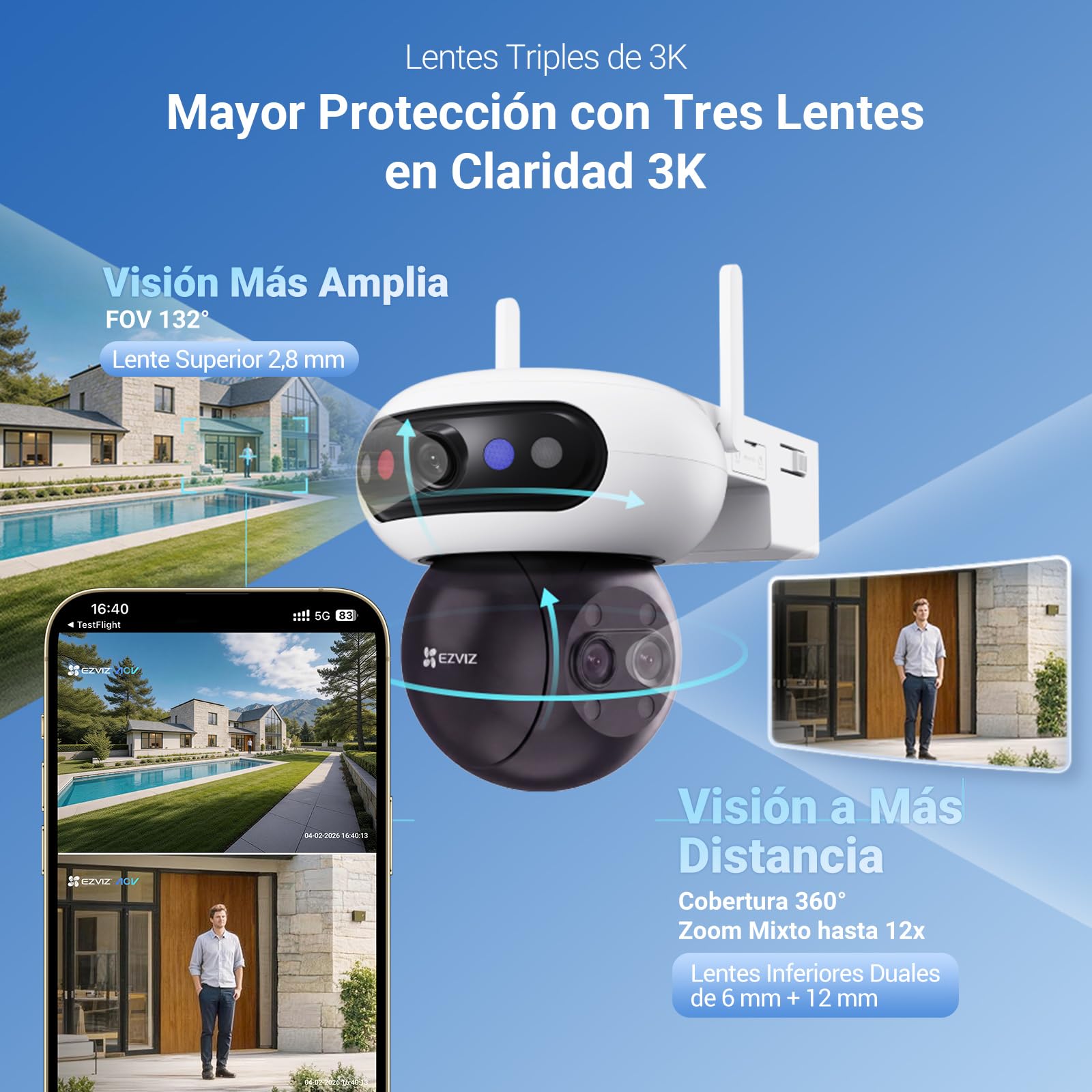 EZVIZ C90f Triple Cámara Vigilancia Exterior WiFi 6, 3K Cámara Triple Lente 360° con Zoom Mixto 12x, Motor Triple, Detección de Humanos/Vehículos IA, Reconocimiento Facial, Visión Nocturna en Color