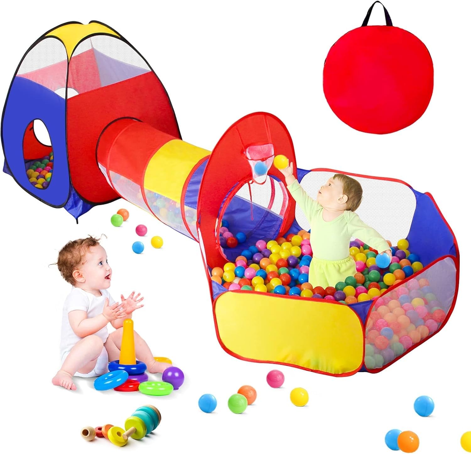 GeerWest 3 in 1 Kids Play Tent for Toddler with Baby Ball Pit and Play Tunnel, Children Indoor Outdoor Playhouse with Climbing Tunnel Toy for Toddlers, Boys and Girls Best Birthday Gifts（No Balls）