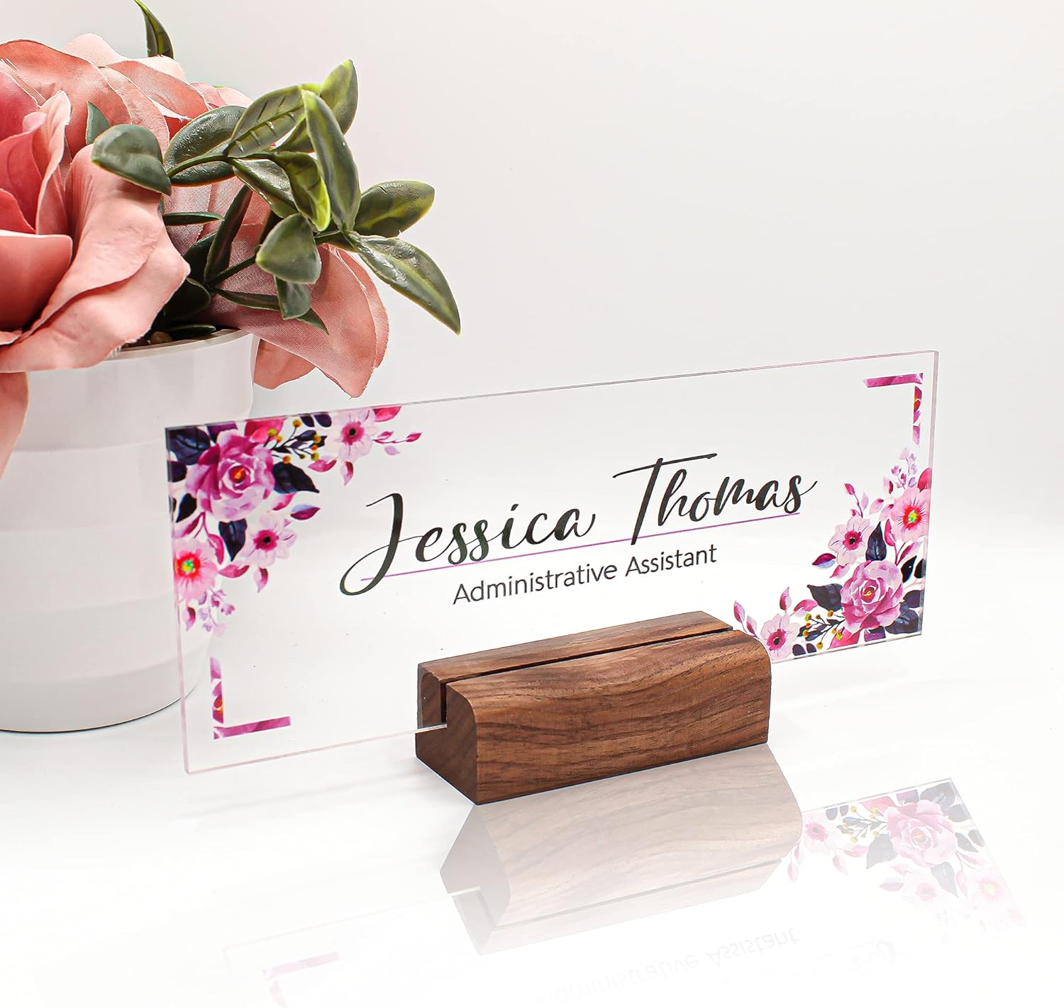 Personalized Desk Name Plate Plaque | Unique Gift | Wood Holder | Office Decor | Teacher Name Plate | Sign | Artswave (Floral Purple)