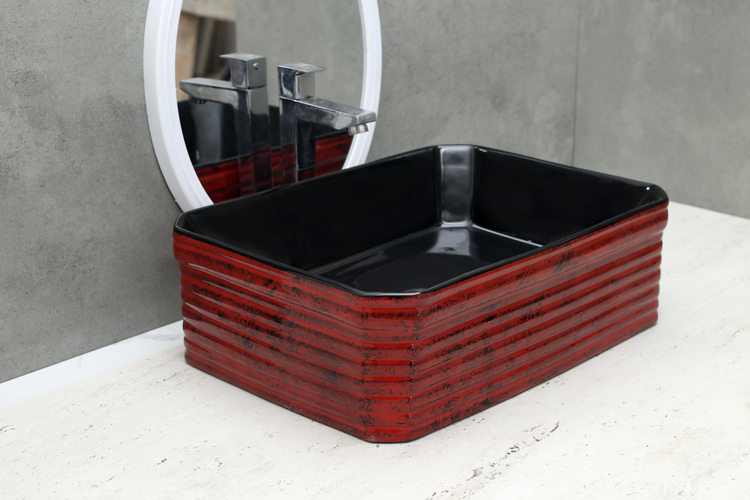 HISRE Table Top Wash Basin For Bathroom | Over Counter Top Wash Basin For Living Room | Washbasin Countertop | Tabletop Ceramic Bathroom Kitchen Sink (18 x 14 x 6 Inch) (Style - 5) AM3212, photo 2 of 4