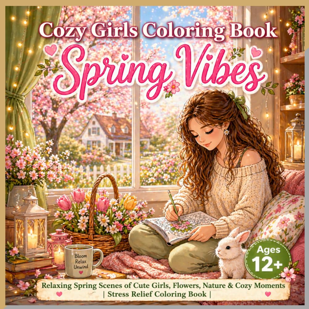 Cozy Girls Coloring Book: Spring Vibes: Relaxing Spring Scenes with Cute Girls, Flowers, Nature and Cozy Moments for Stress Relief | Ages 12+ (Cozy Bloom Chronicles)