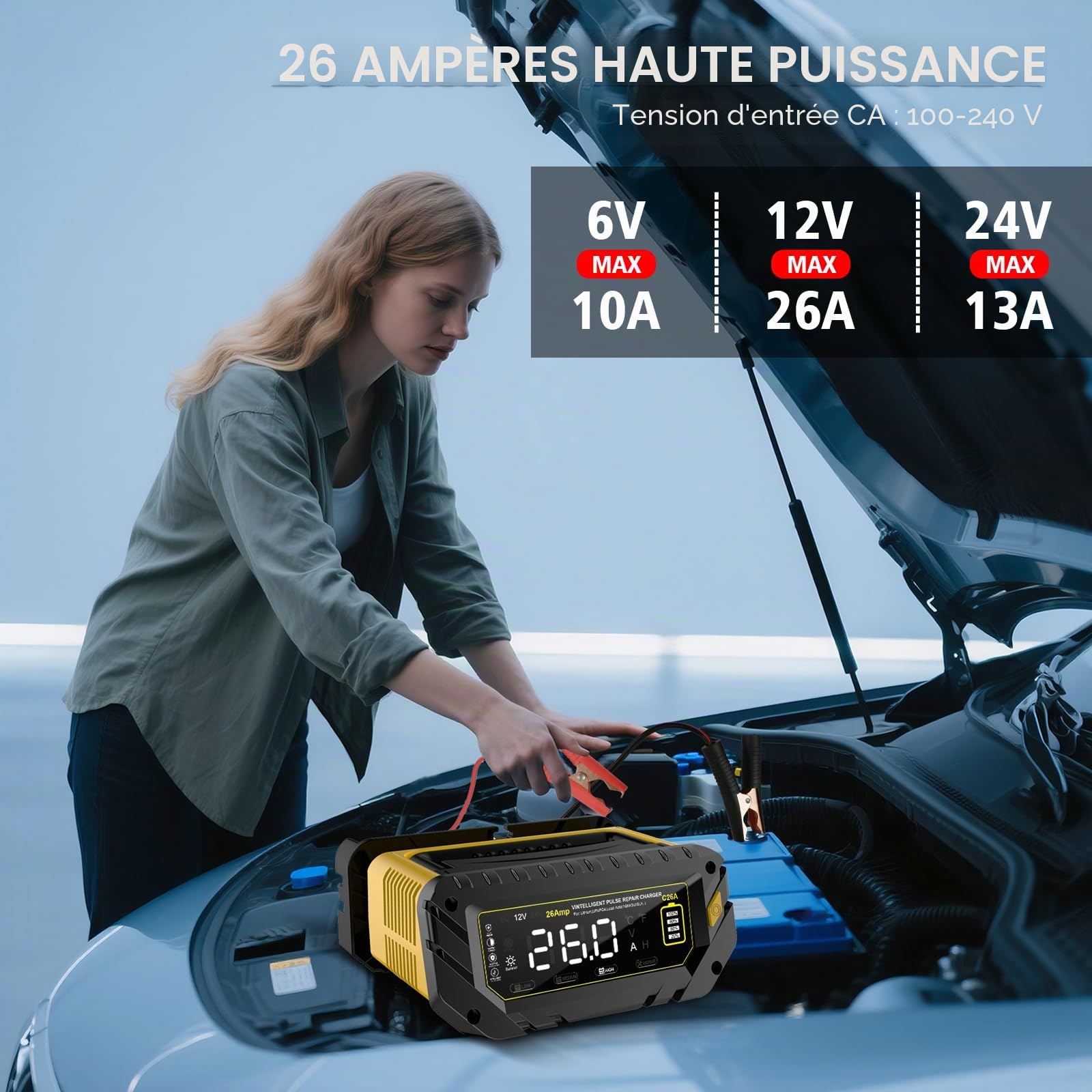 Haistio Chargeur intelligent 26A, 6V/12V/24V, écran LCD, entretien, charge d'entretien et sulfatation pour AGM, lithium, LiFePO4, acide plomb (moto, camping-car)