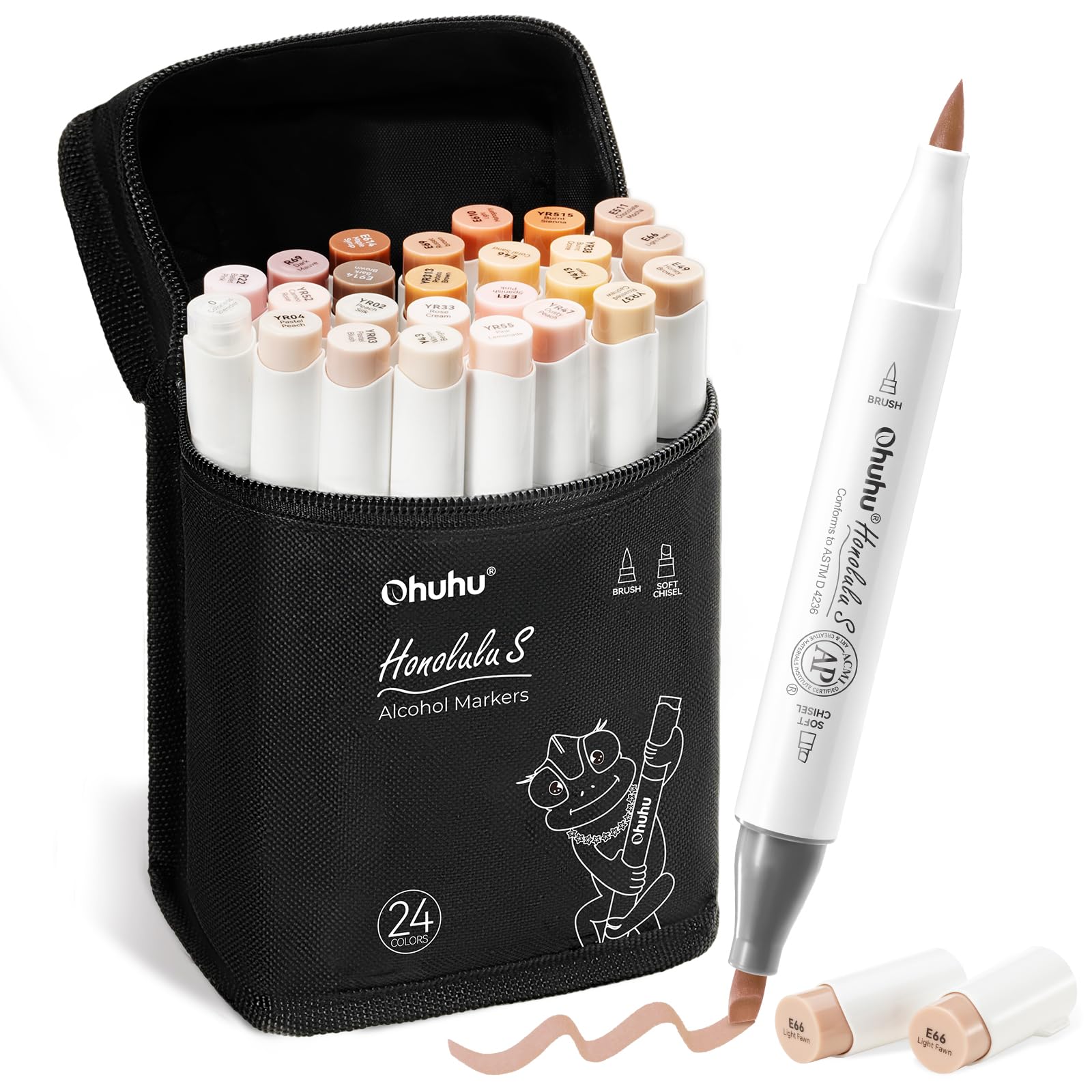 Ohuhu Markers, 24+1 pincel para tono de piel y cincel suave, puntas de doble punta, mezcla sin costuras, tinta recargable, rotuladores de alcohol punta de pincel para artistas adultos - Honolulu S