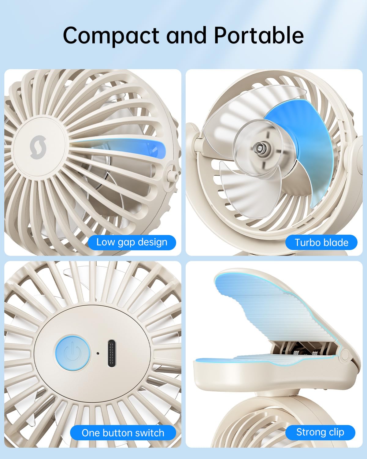 SWEETFULL Mini Clip on Fan - Portable Rechargeable Personal Fan with Strong Clamp, 3 Speeds, 11Hrs Cooling, Cute Small Desk Cooler for Stroller Bed Pet Carriers Umbrell Travel Outdoor - Beige - Image 6