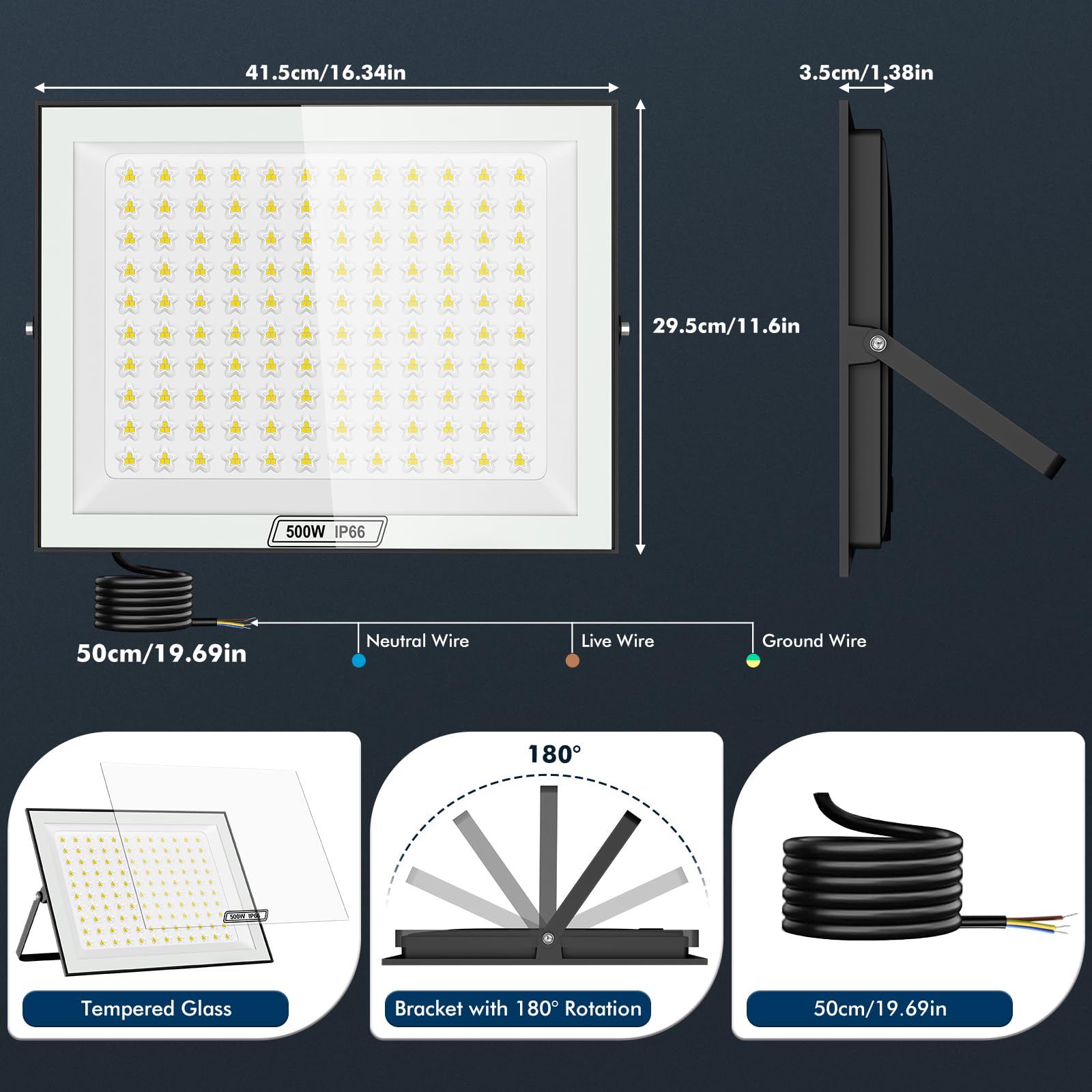 500W LED Strahler Außen, 50000LM Superhell, 6500K Kaltweiß Außenstrahler, LED Fluter Außen, IP66 Wasserfest Scheinwerfer für Hinterhof, Auffahrt, Garage, Flur, Garten - 2 Stück