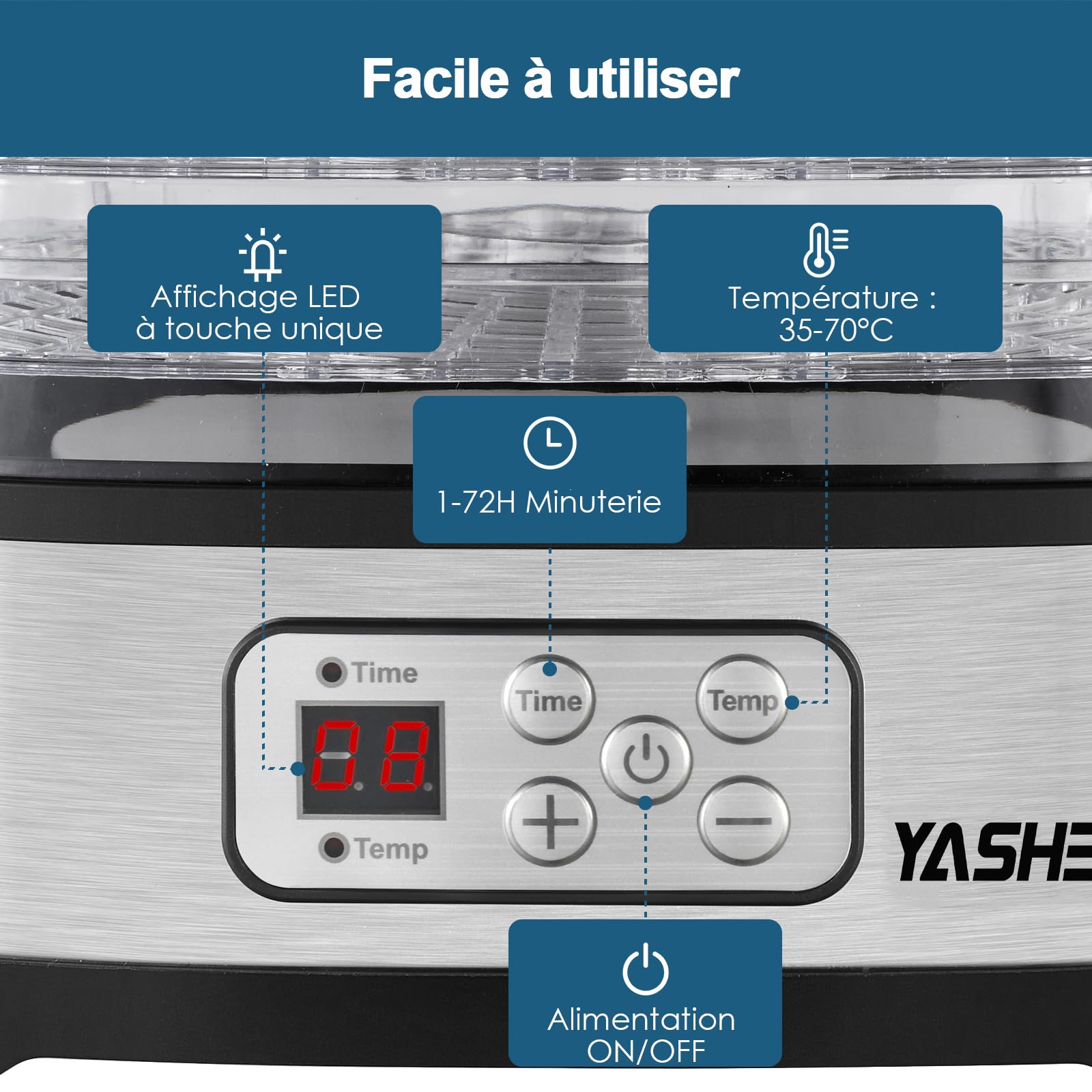 YASHE GGJ-261B Déshydrateur Alimentaire, Contrôle de Température de 35 à 70°C et Minuterie de 72 Heures, 5 Plateaux Réglables en Hauteur, Déshydrateur pour Fruits et Légumes, 240 Watts, Sans BPA