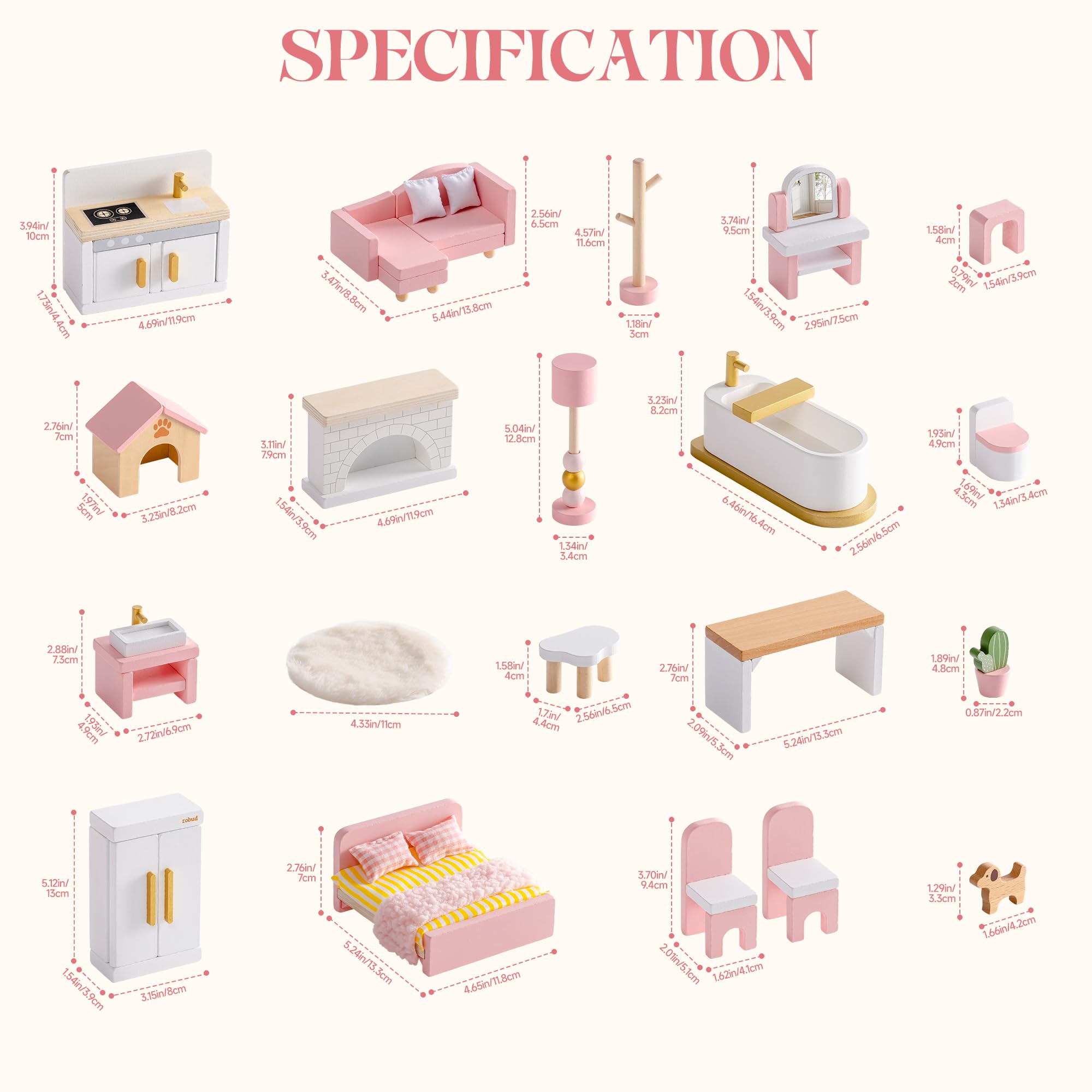 ROBUD Juego de Muebles de Madera para casa de muñecas, 28 Piezas, Accesorios para casa de muñecas, Dormitorio, Cocina, salón, baño, Comedor, Regalo Rosa para niños