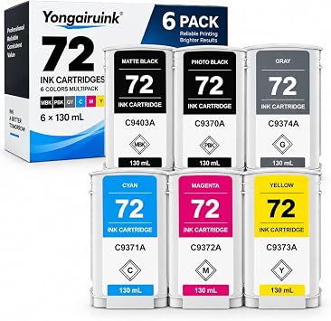 72 Ink Cartridges Combo Pack Compatible for HP 72 Ink Cartridges 300ML Replacement for HP Designjet T1100 T1200 T1100ps T1120 SD-MFP T1120ps T2300 T610 T790 Printer Ink PBK MBK C M Y GY