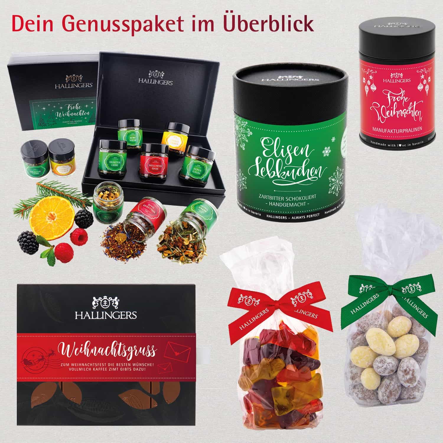 Hallingers Genuss Manufaktur Feinkost Weihnachts-Geschenk-Set - XXL-Geschenkkorb "Süße Weihnachten" großes Mitbringsel Pralinen, Schokolade, Fruchtsaftbärchen, Mandeln & mehr, Weihnachten für Frauen