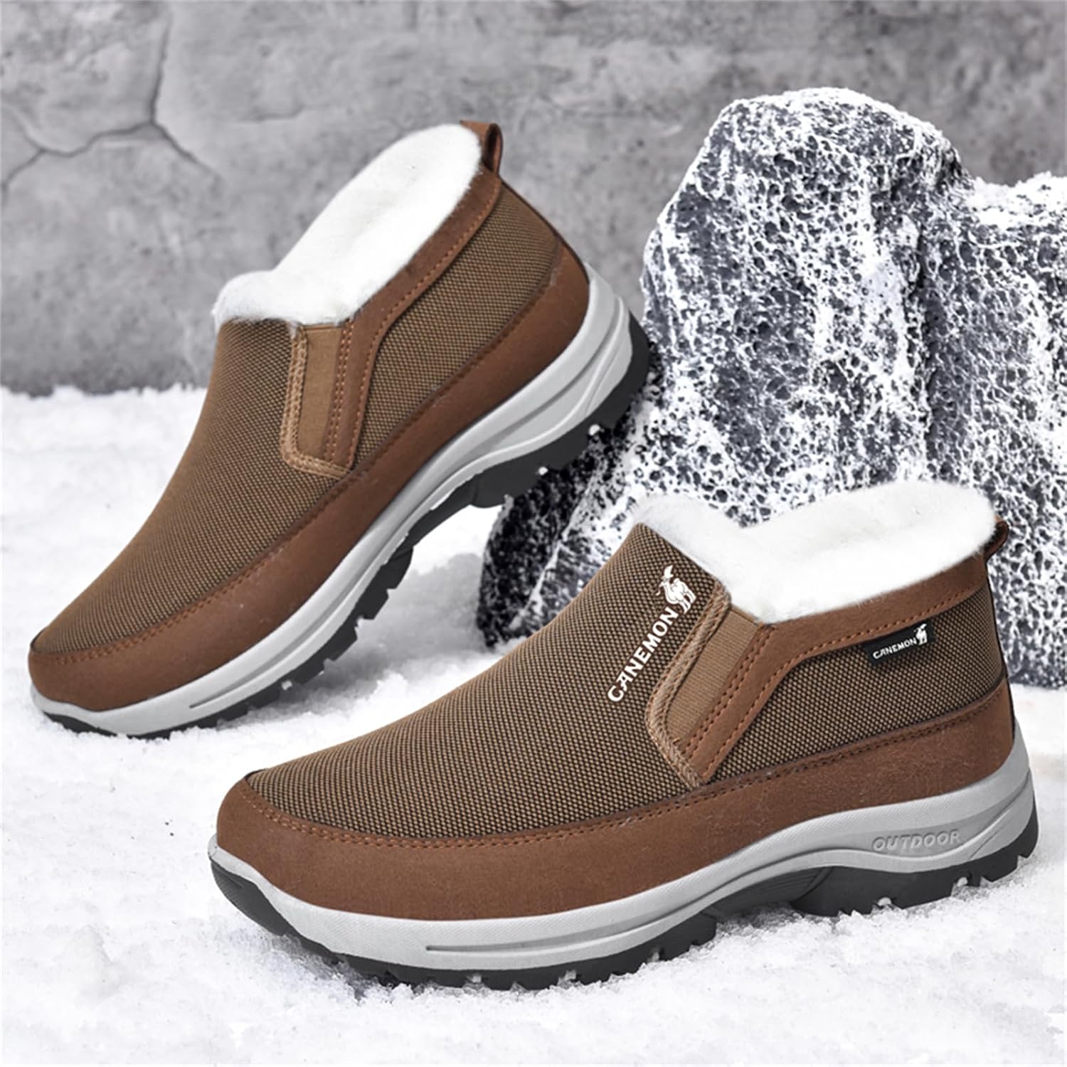 FAIRSOMA Men's CNA Trop Winter Slip-On Warm Ankle Chukka Boots with Arch Support,Outdoor Waterproof Anti-Slip Fur Lined High Top Leather Snow Loafers Comfortable Hiking Walking Shoes