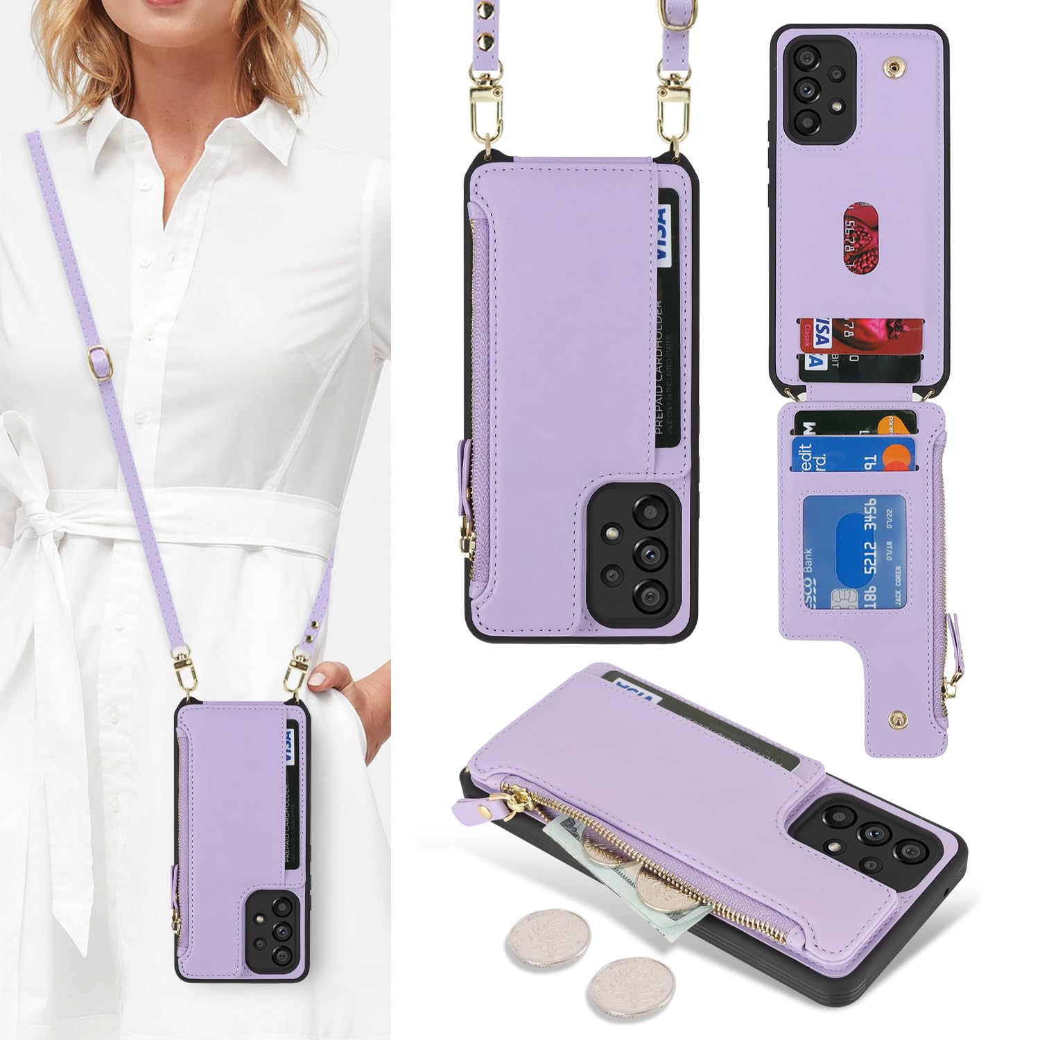 Cavor for Samsung Galaxy A53 5G Case Wallet for Women, Galaxy A53 5G Crossbody Case with Strap,Leather Zipper Pocket Card Holder Phone Cover-Purple