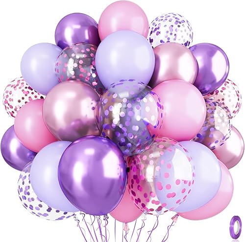 Globos de color rosa pastel y morado, globos de confeti rosa claro de 12 pulgadas con globos de látex lila metálico para niñas y mujeres, mariposa,
