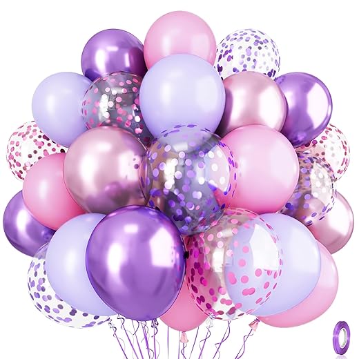 Pink and Purple Balloons, 12 Inch Pastel Purple Baby Pink Confetti Balloons with Metallic Pink Purple Confetti Latex Balloons Set for Girls Women Birthday Baby Bridal Shower Wedding Party Decorations