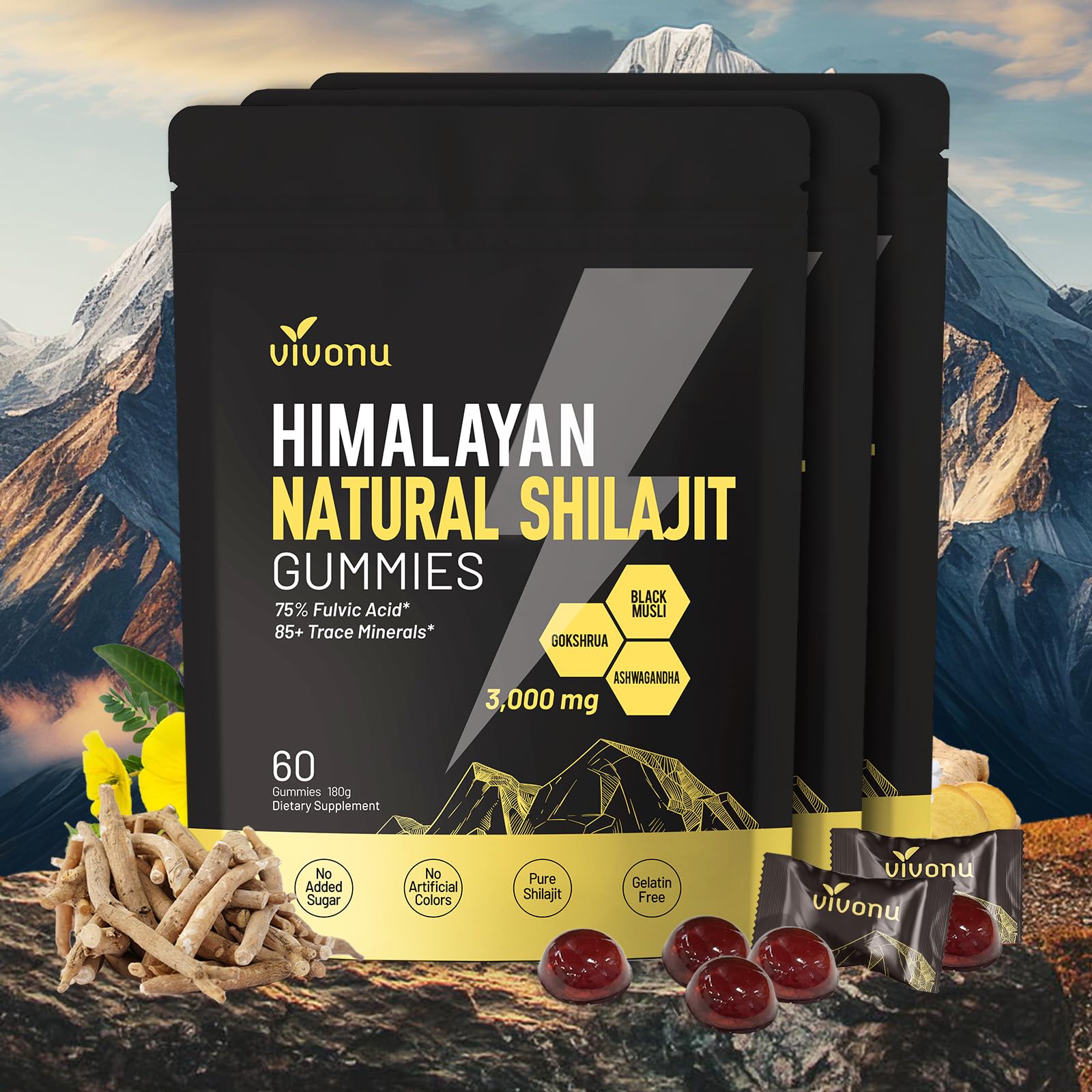 Shilajit Gummies, Shilajit micronutrient supplement, Himalayan premium ingredient Shilajit - Ashwagandha, Gokshura, Fulvic Acid & 85+ Trace Minerals I for Men, Women I Non-GMO I 100% Natural & Organic